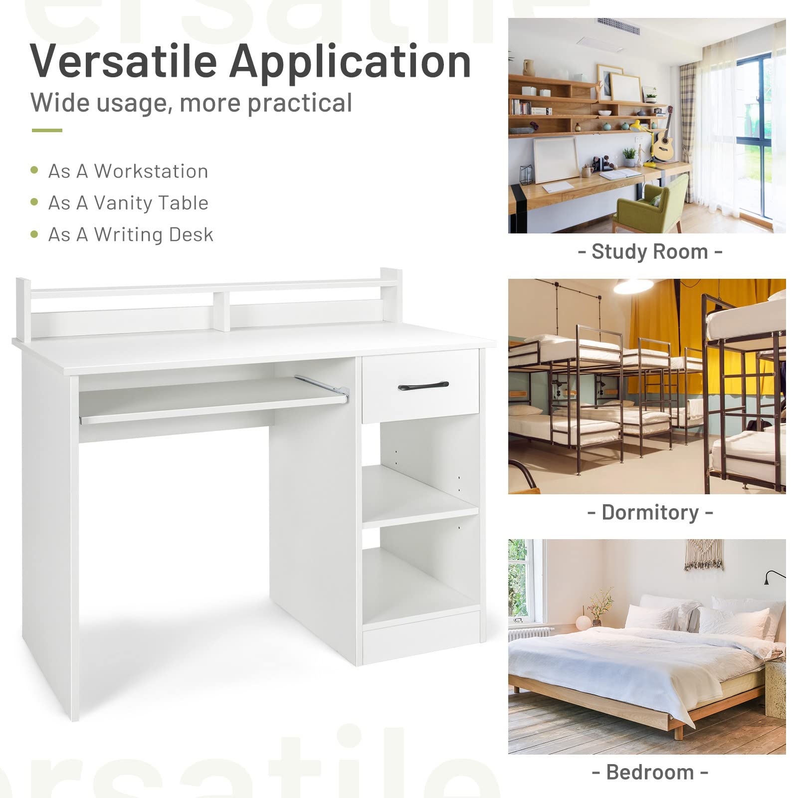 White Desk with Drawer and Keyboard Tray