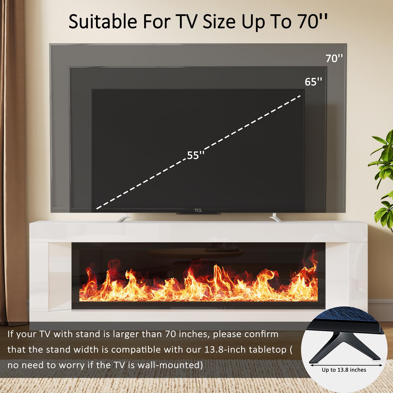 63" High Gloss Fireplace TV Stand with Electric Fireplace