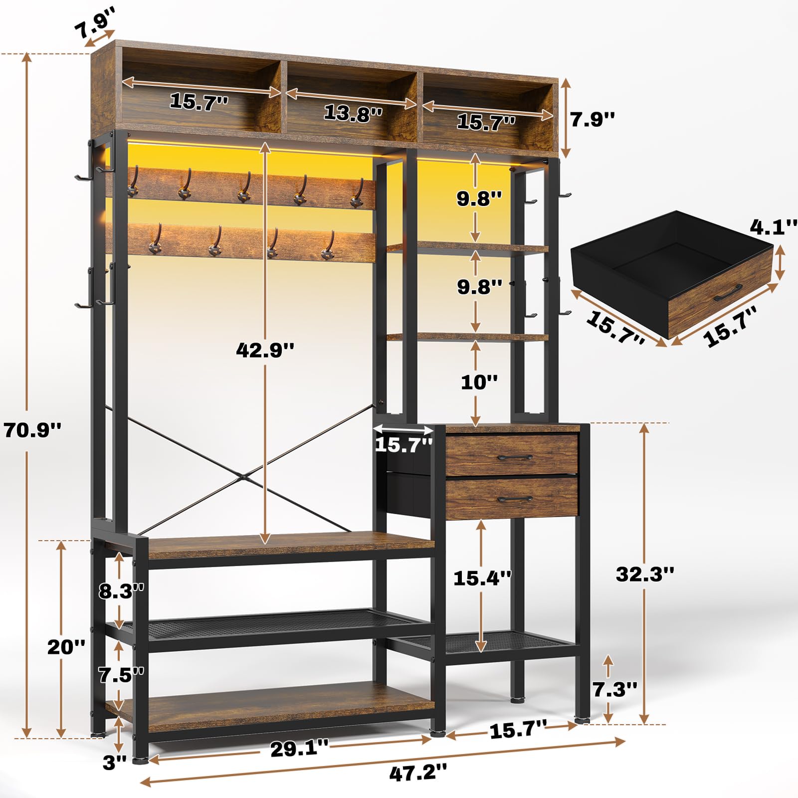 7-in-1 Hall Tree with Bench and Shoe Storage