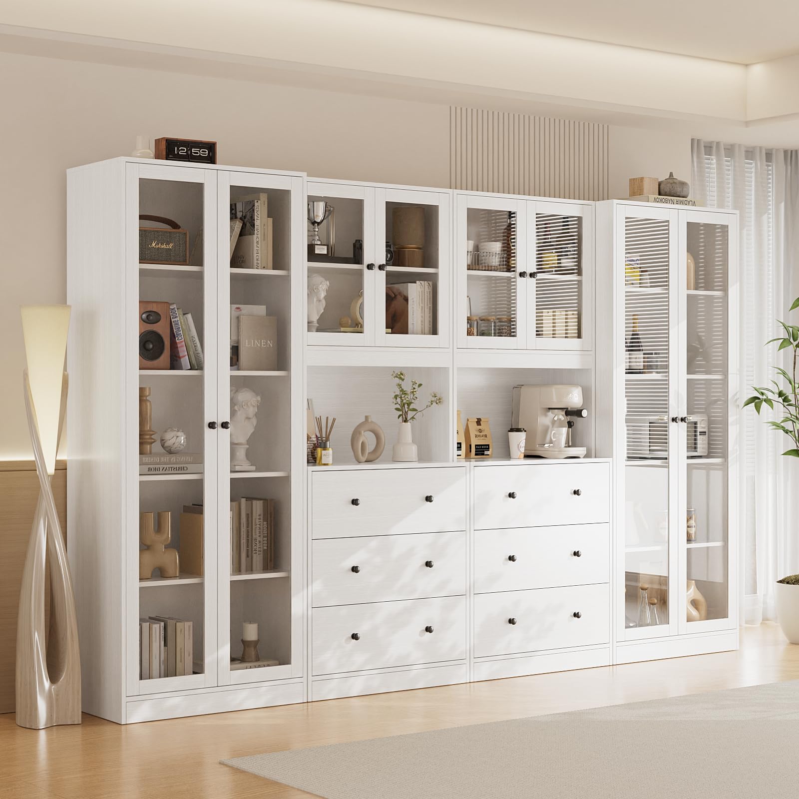 5-Tier Modular Storage Cabinet with Glass Doors and Drawers