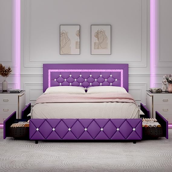 Queen LED Bed Frame with Storage Drawers