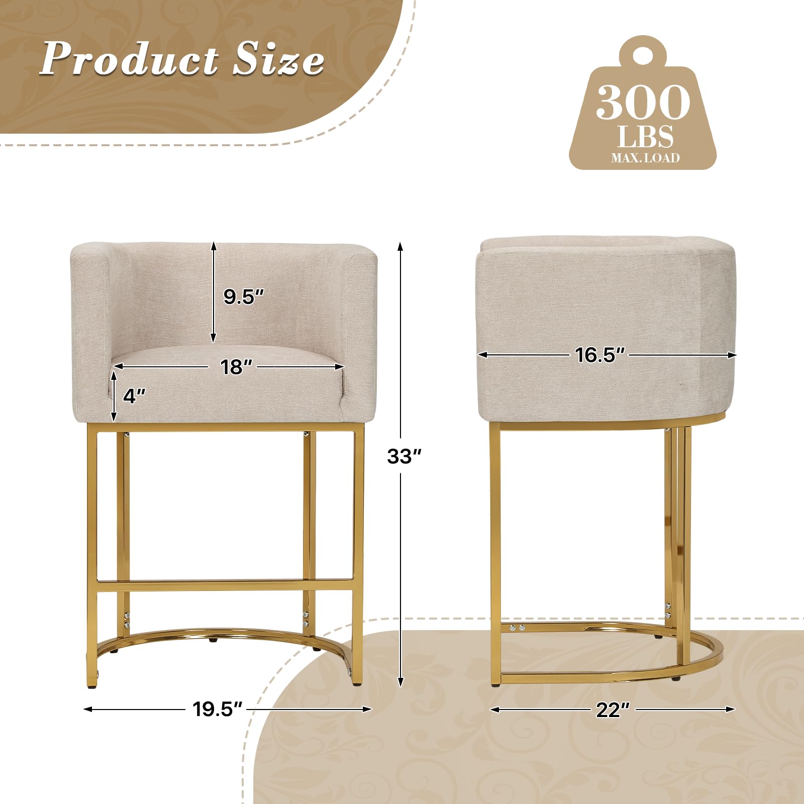 Upholstered Bar Stool Set of 2 with Gold Metal Stand
