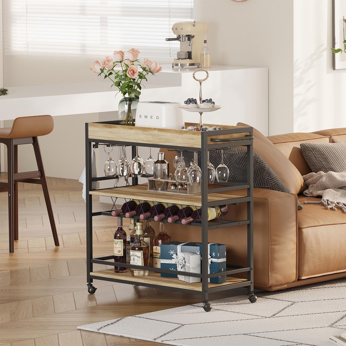 3-Tier Rolling Bar Cart with Storage