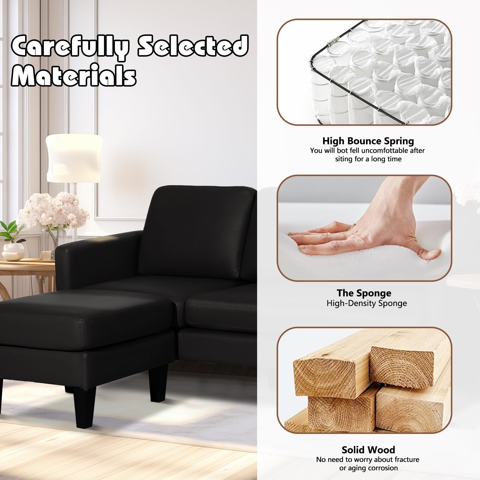 Faux Leather L-Shaped Sectional Sofa with Reversible Chaise