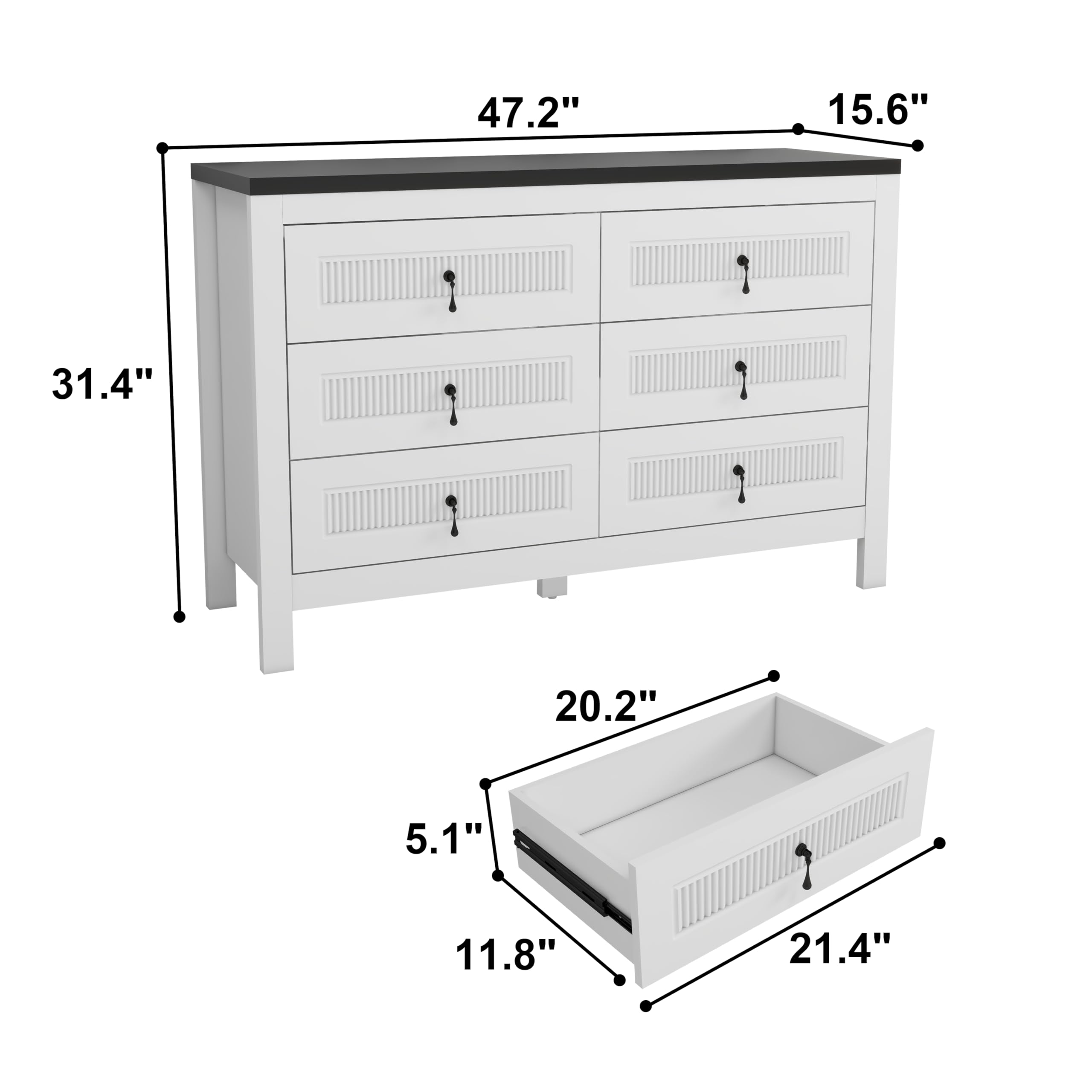 White Fluted 6-Drawer Dresser 47"