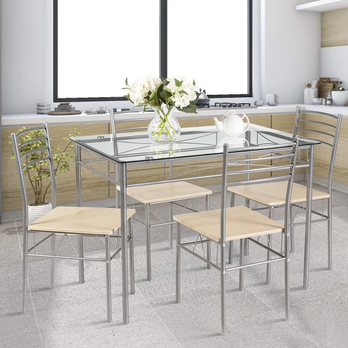 5 Piece Glass Dining Table Set with 4 Chairs