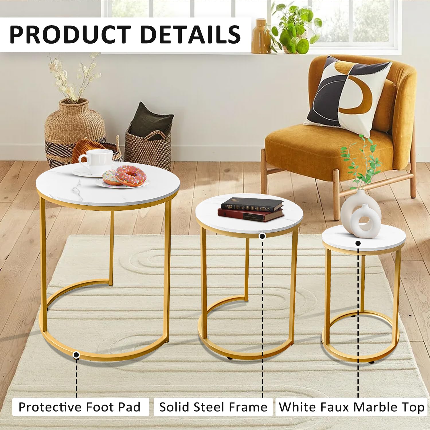 Nesting Tables Set of 3 Round Coffee Side Tables Gold