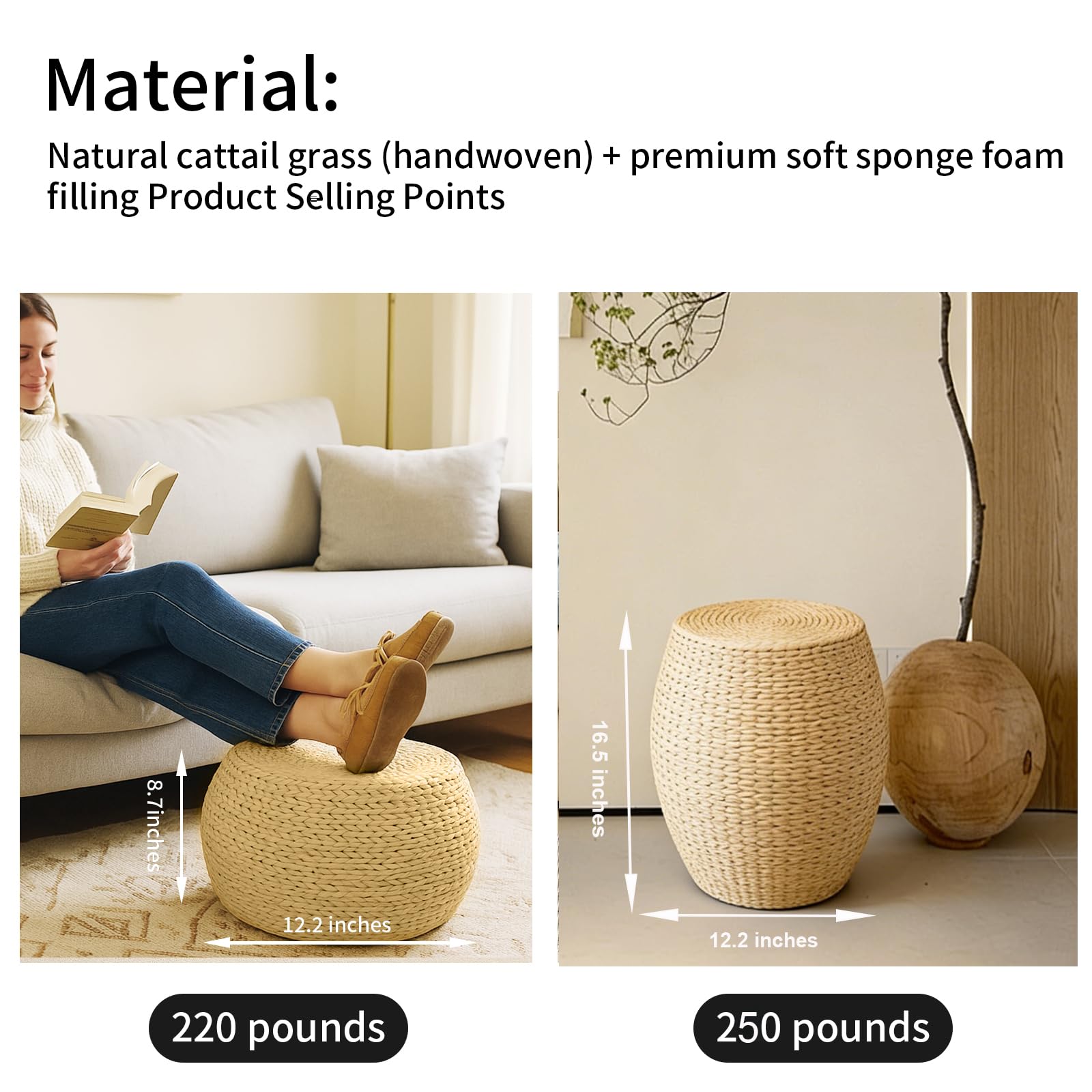 Handwoven Straw Round Pouf Ottoman