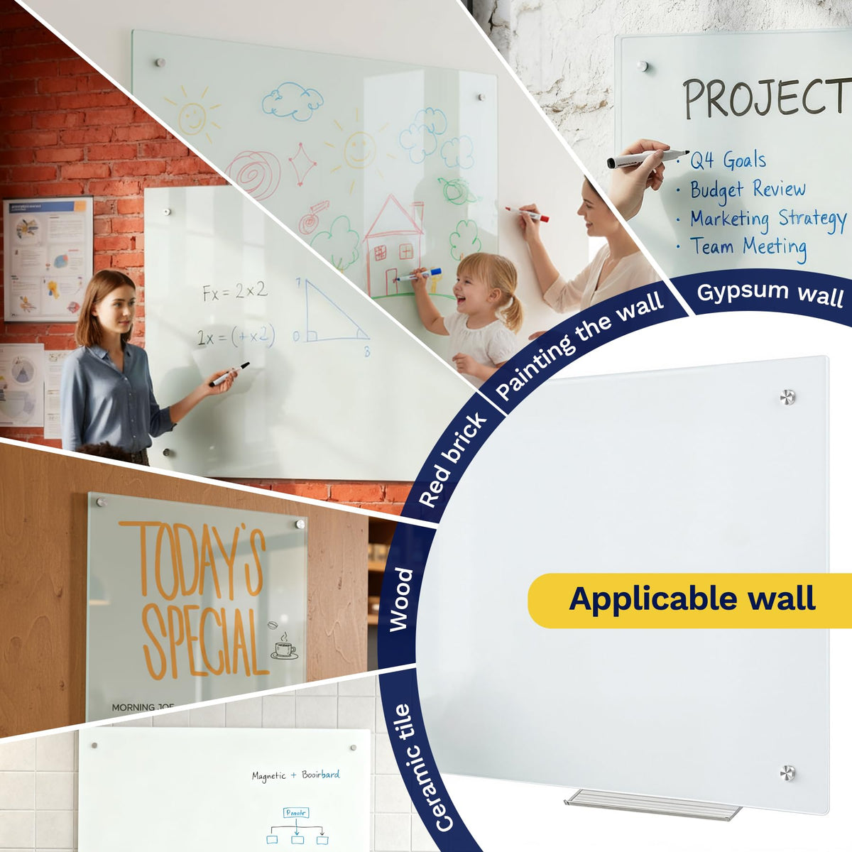 Magnetic Glass Dry Erase Whiteboard 72 x 48 Inches Wall Mounted