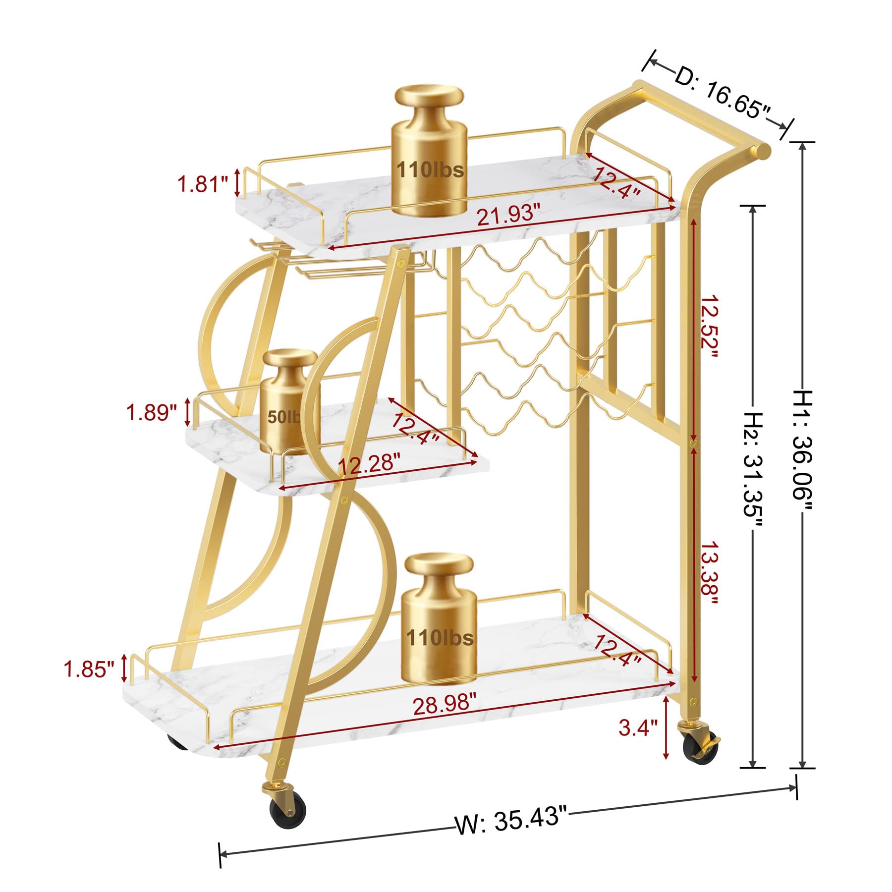 3-Tier Gold Bar Cart with Wine Glass Holder