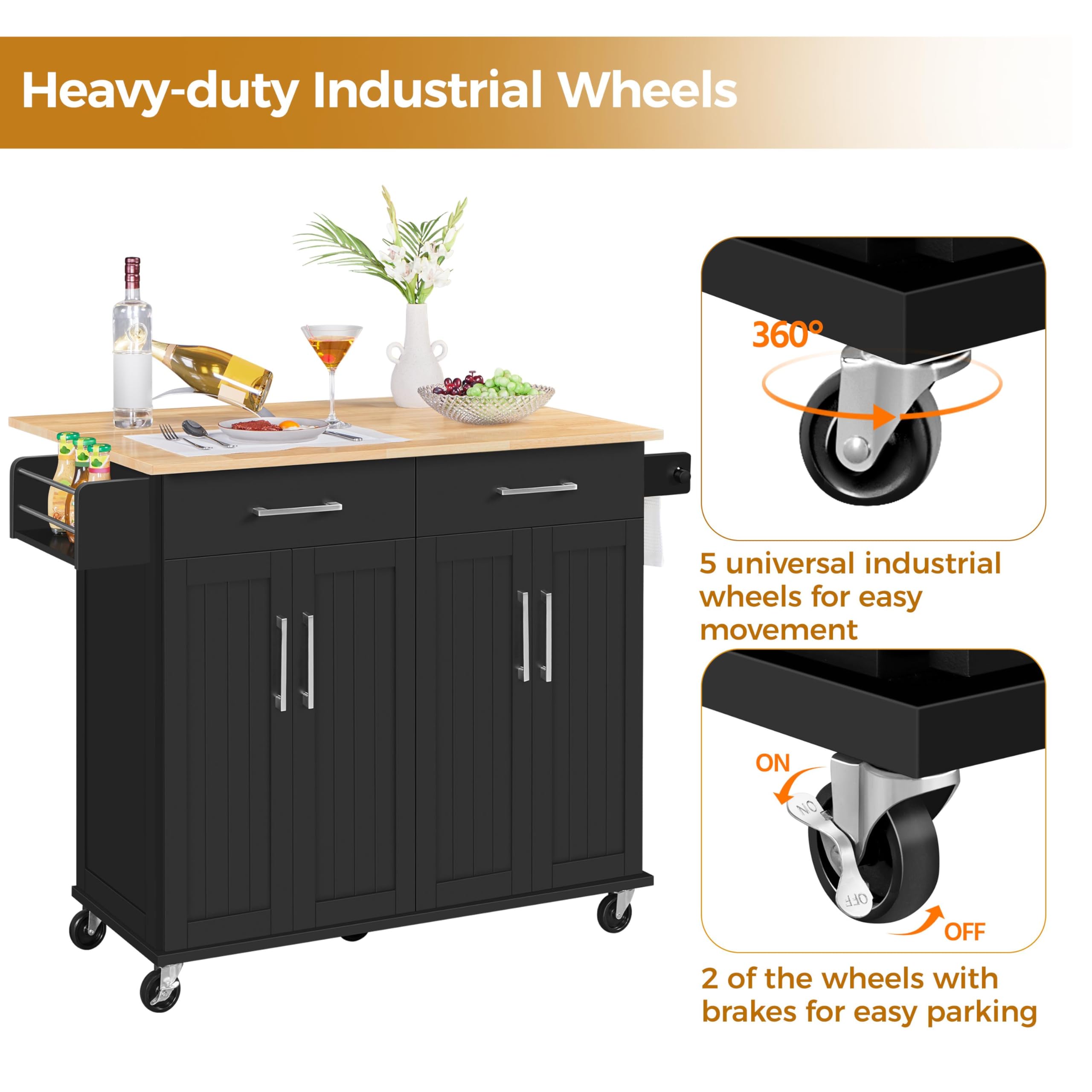 Kitchen Island Cart with Drop Leaf 49 Inch Rolling Table