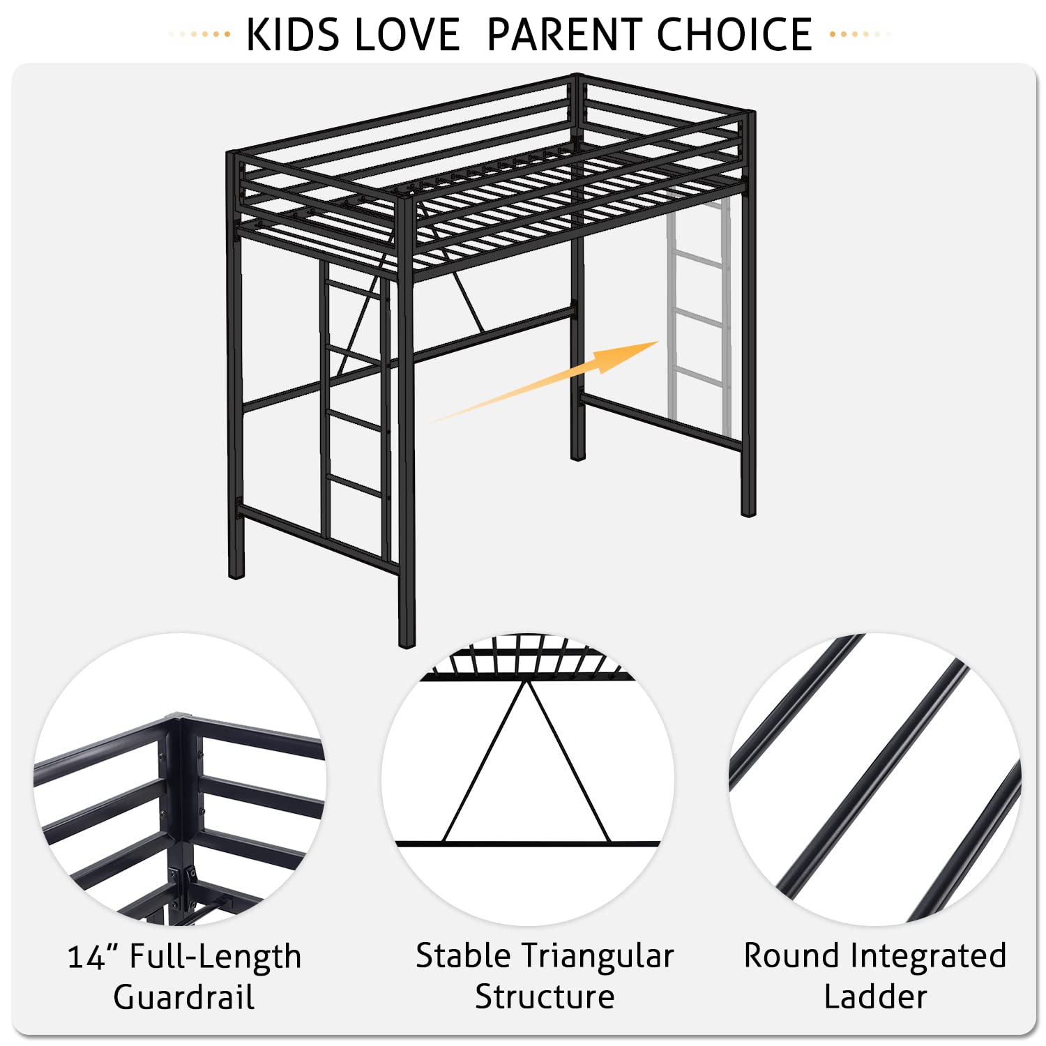 Twin Loft Bed with Ladder and Guardrail - Black Metal Frame