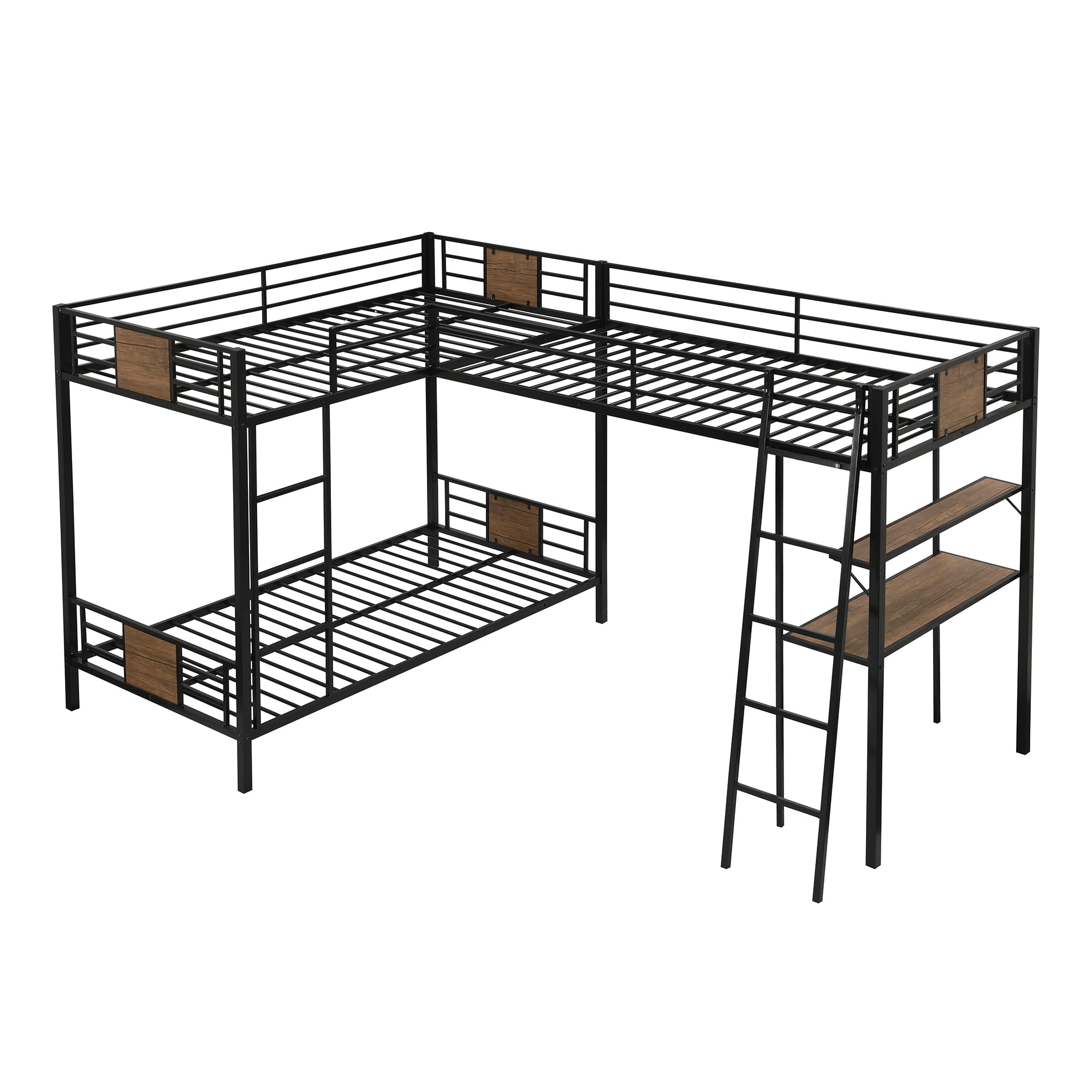L-Shaped Triple Bunk Bed with Desk and Shelf