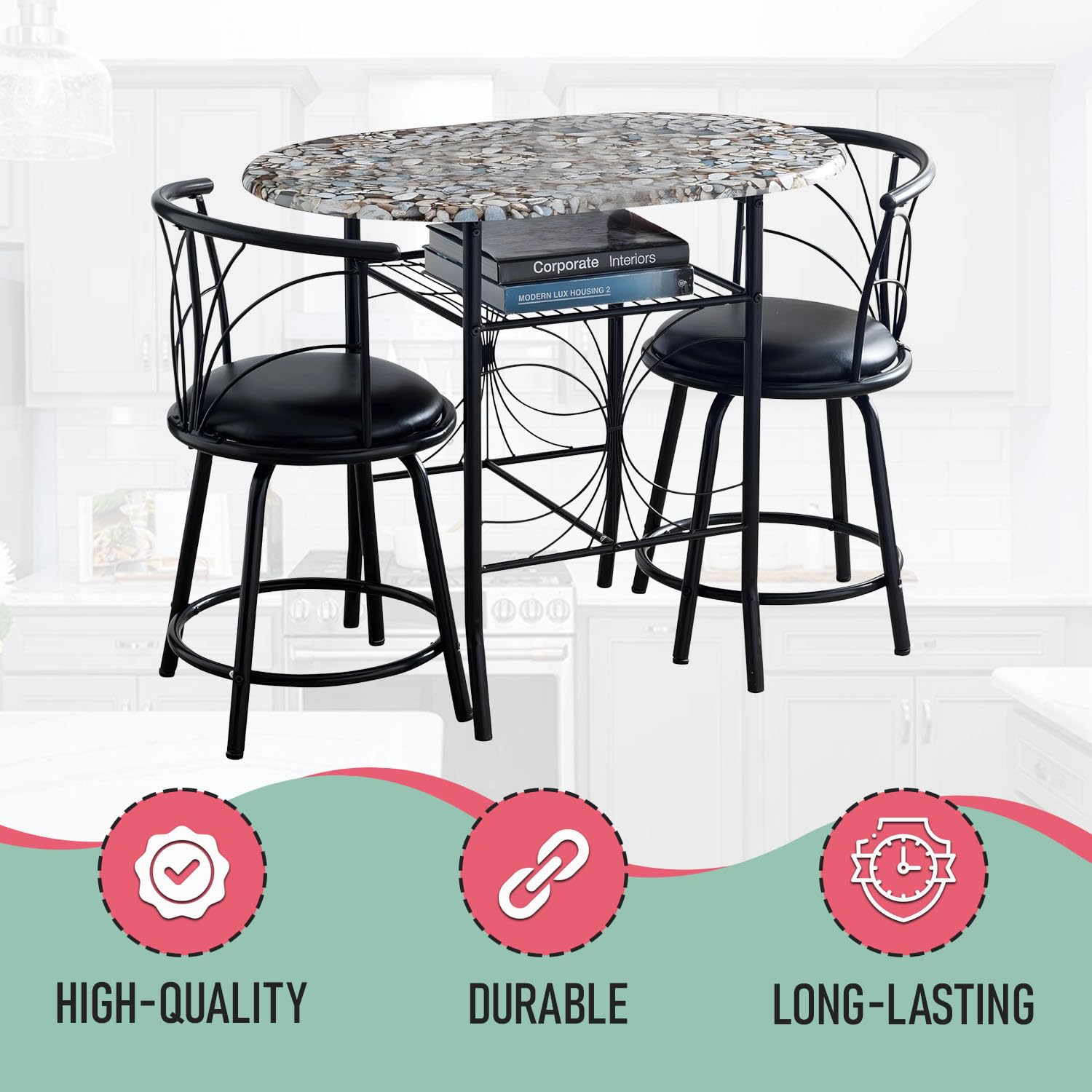 3-Piece Faux Marble Pub Dining Set with Storage