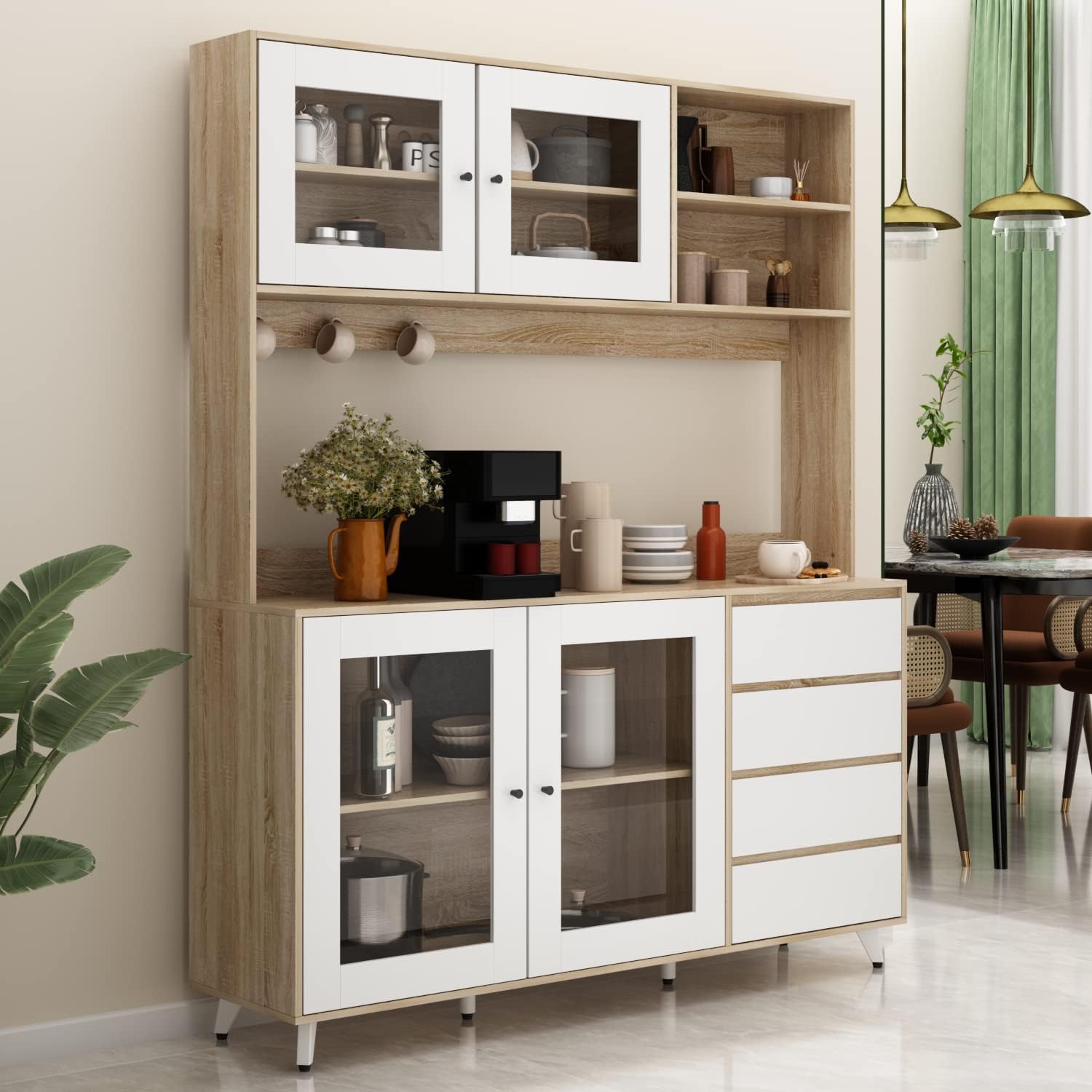 Kitchen Pantry Storage Cabinet with Glass Doors