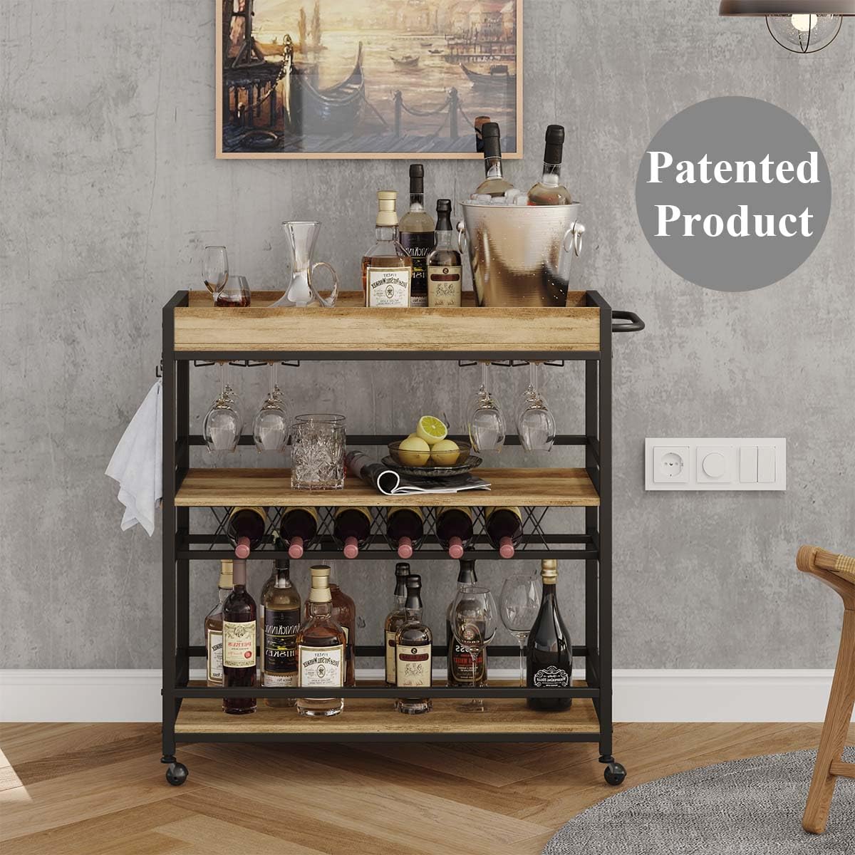 3-Tier Rolling Bar Cart with Storage