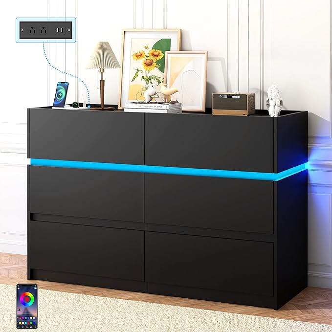 6 Drawer Dresser with Charging Station and LED Lights