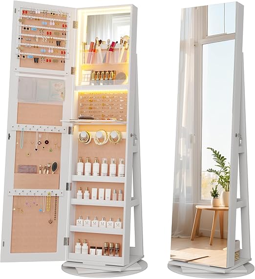 360° Swivel Mirror Jewelry Cabinet with Lights