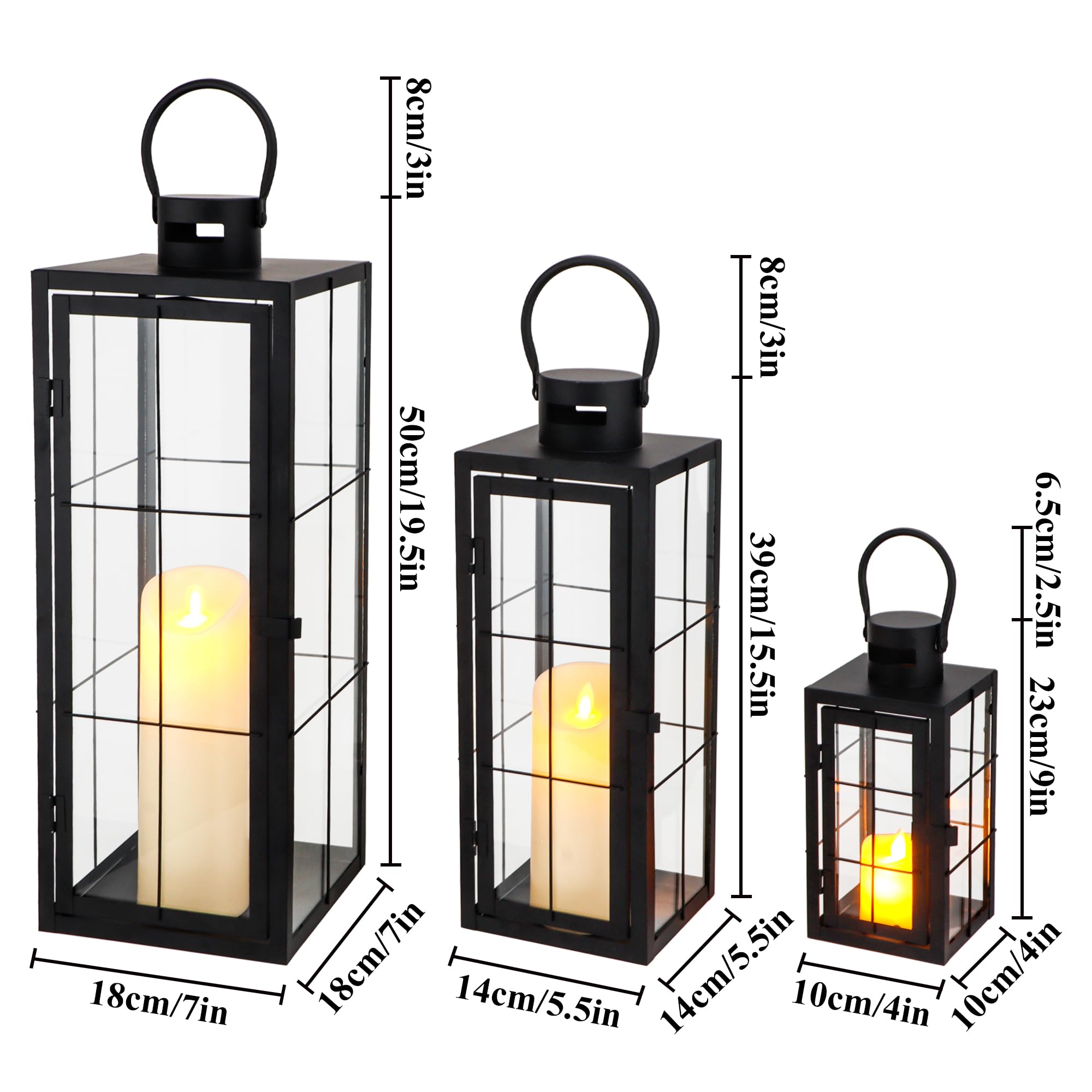 Metal Candle Lantern Set of 3 - Black Decorative Hanging Lanterns