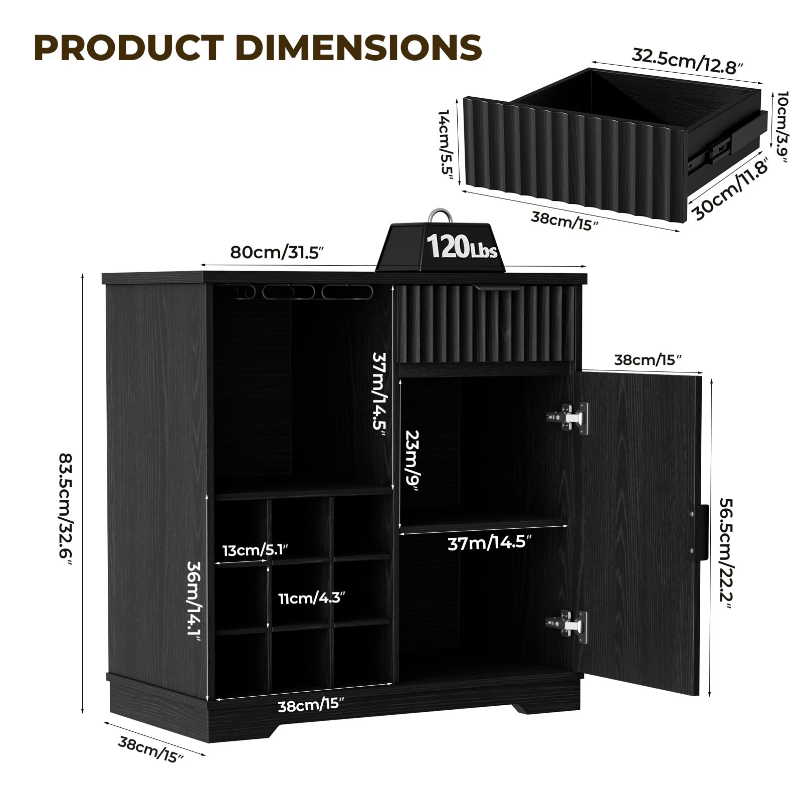 Fluted Coffee Bar Cabinet with Wine Rack & Glass Holder