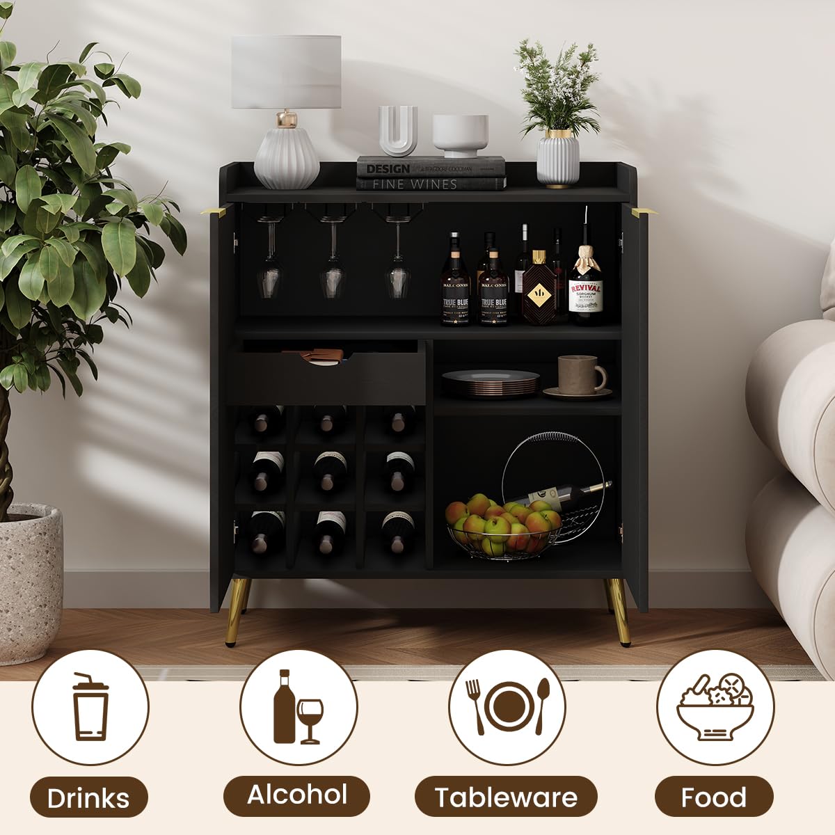 Modern Wine Bar Cabinet with Fluted Door and Glass Holder