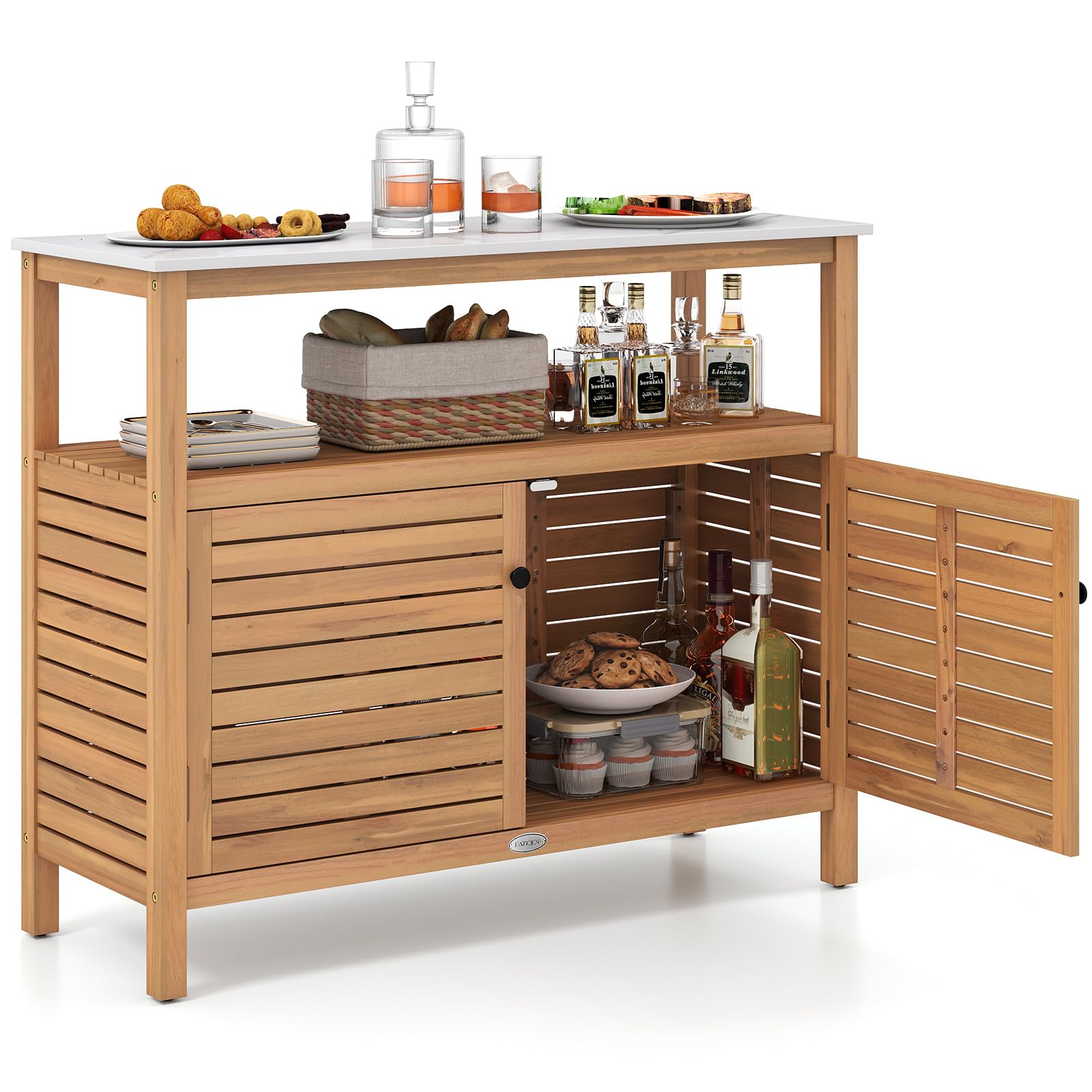 Acacia Wood Patio Storage Cabinet with Marble-Like Countertop