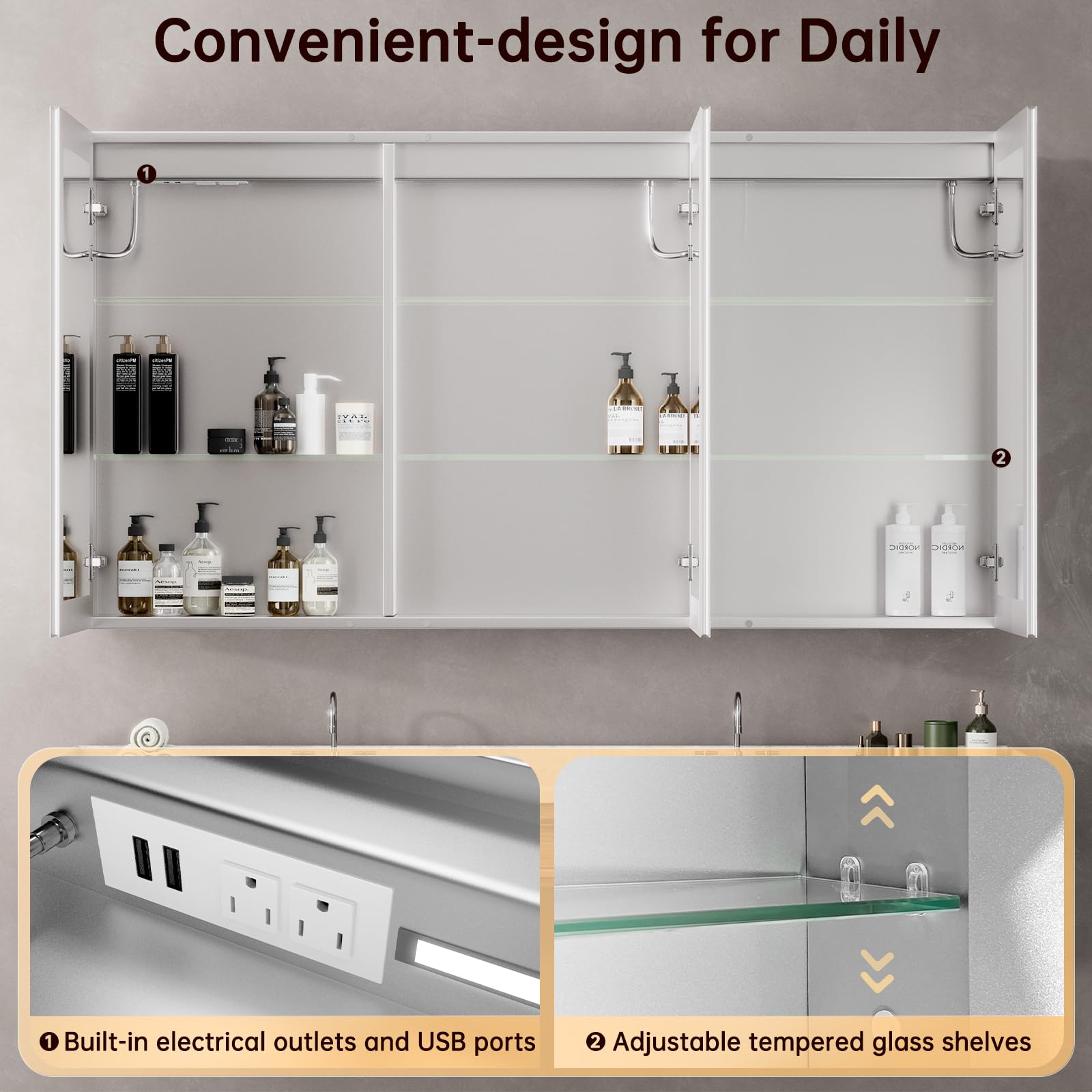 40x32 LED Medicine Cabinet Mirror with Outlet and USB