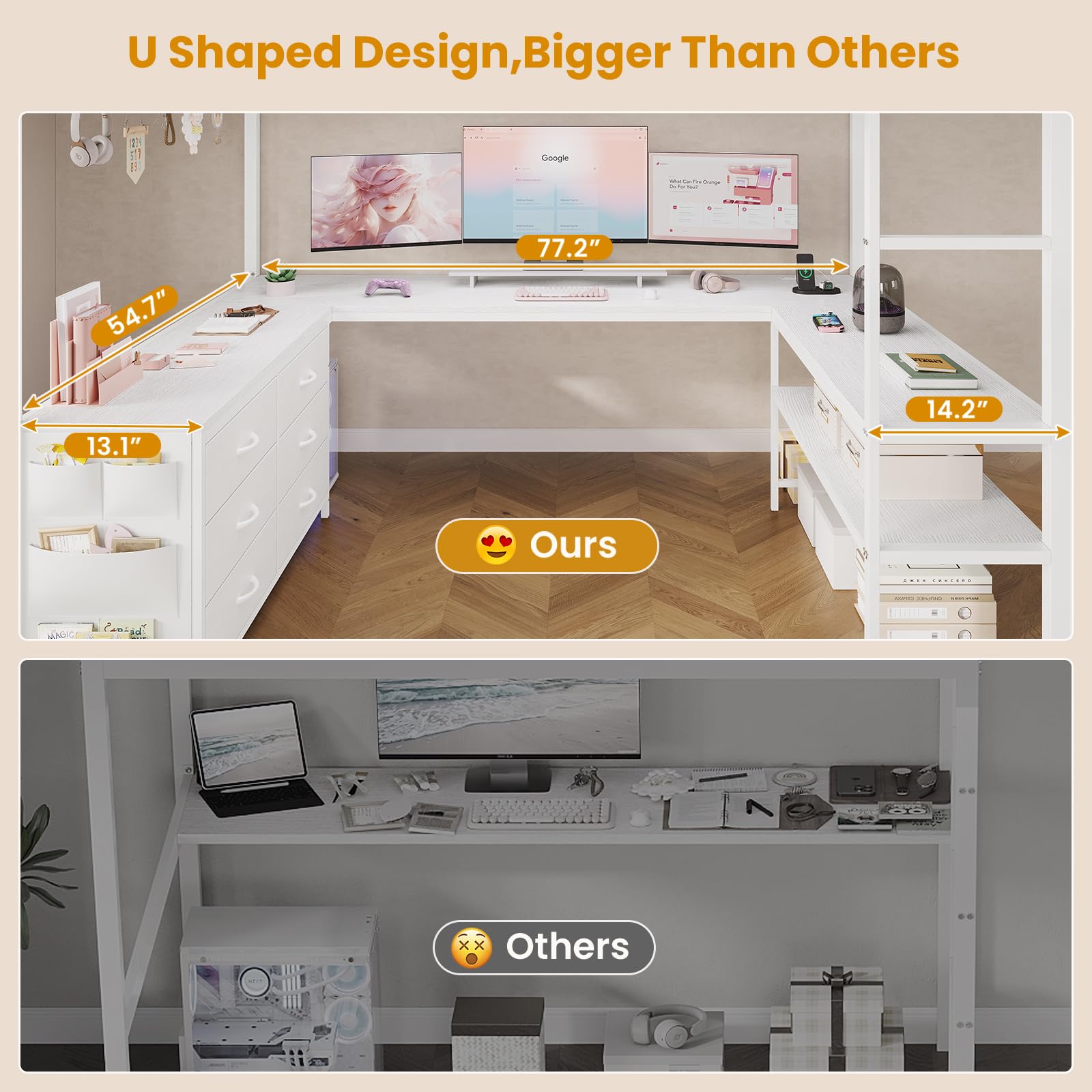 Full Size Loft Bed with U-Shaped Desk and Storage Drawers