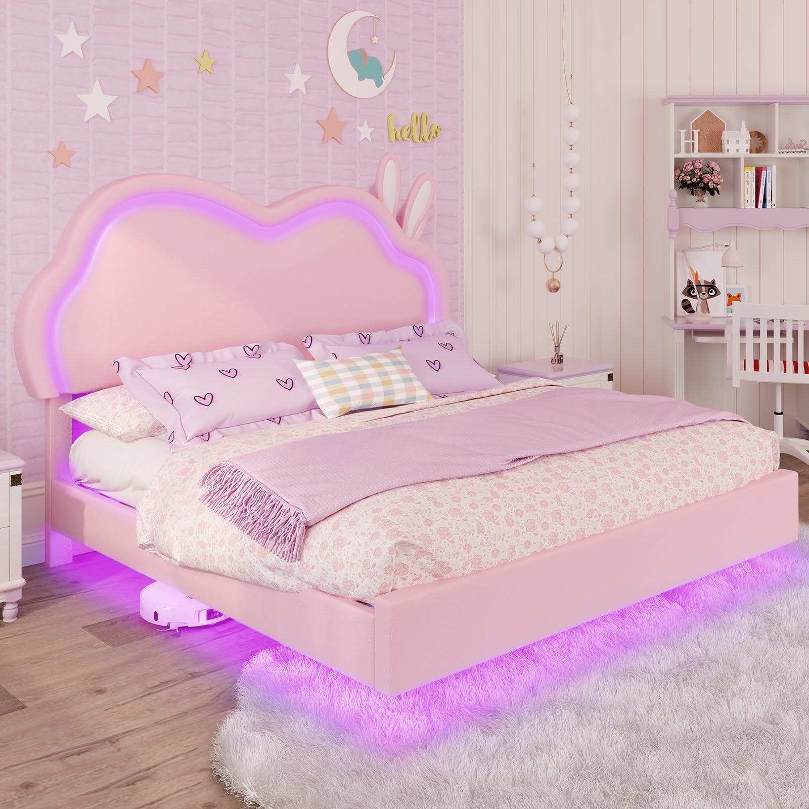 Queen Pink Upholstered Platform Bed with LED Lights