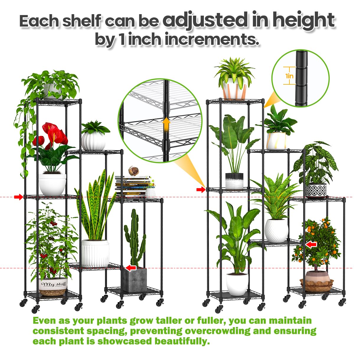 59 Inch Plant Stand with Wheels - 7 Tier Adjustable Metal Display Rack