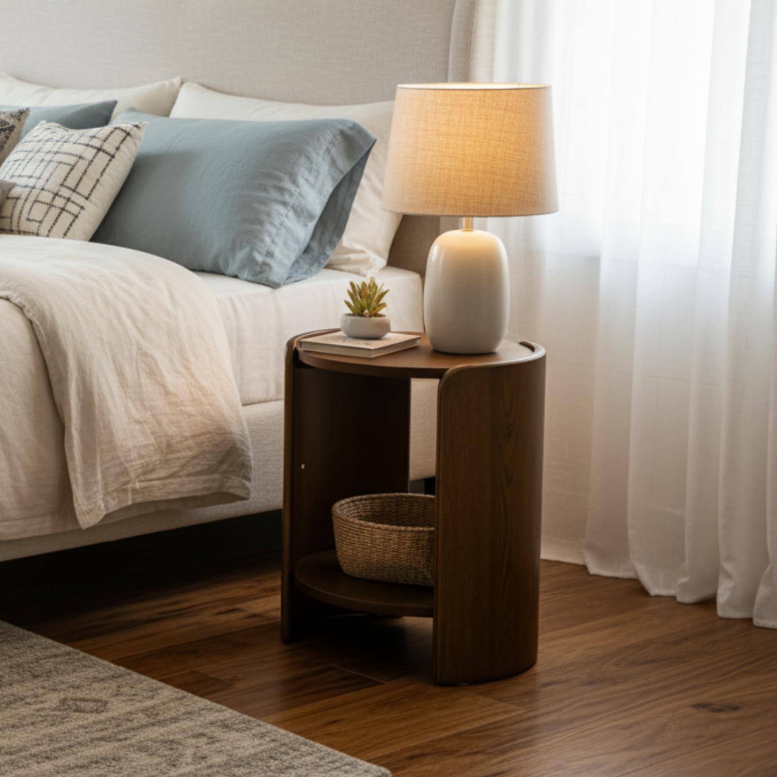 DUOMAY Wood Side Table, 15.5" Wide Round End Table with Storage Shelf Mid Century Modern Bedside Table for Living Room Apartment, Walnut Color