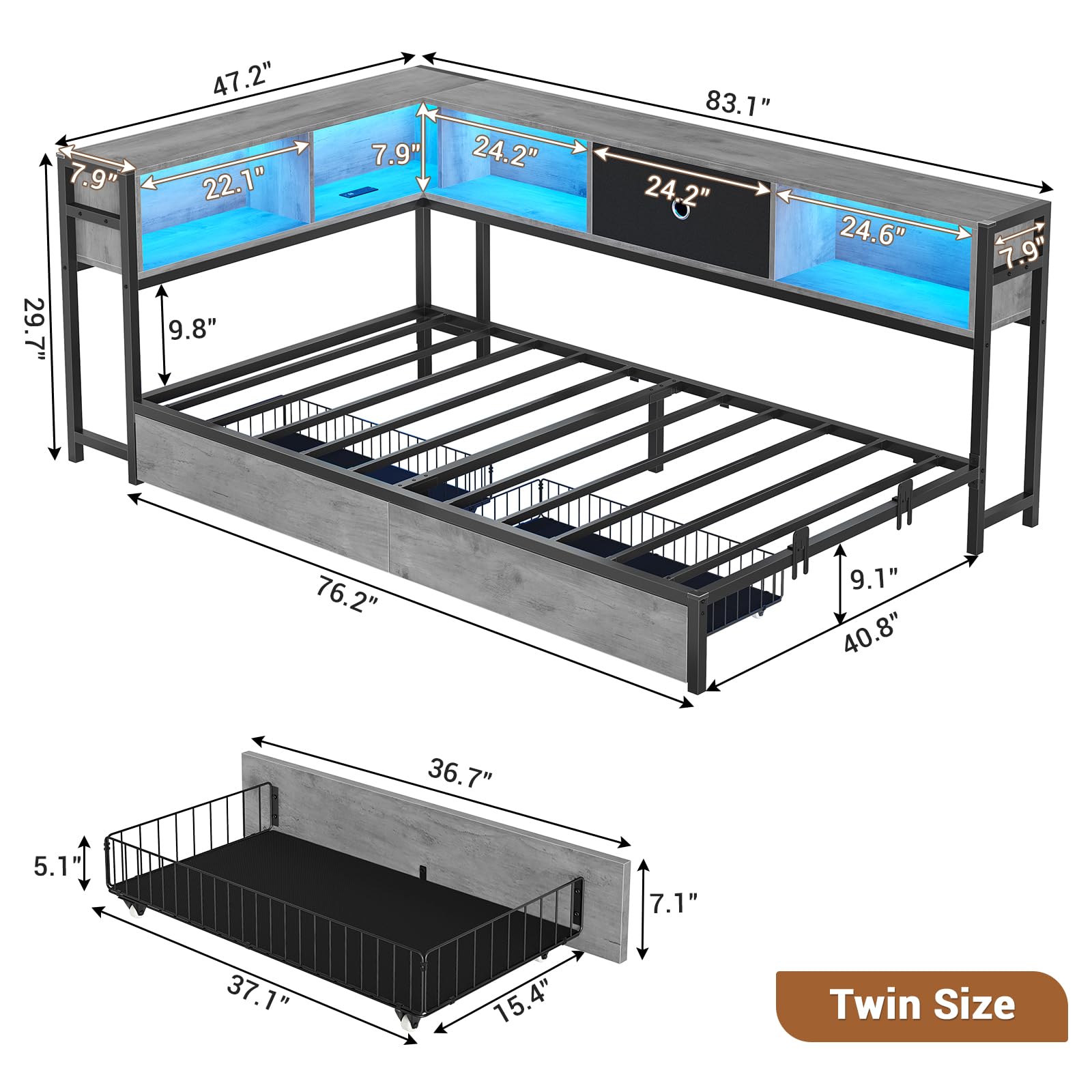 Twin Corner Bed Frame with Storage Drawers and Bookcase Headboard