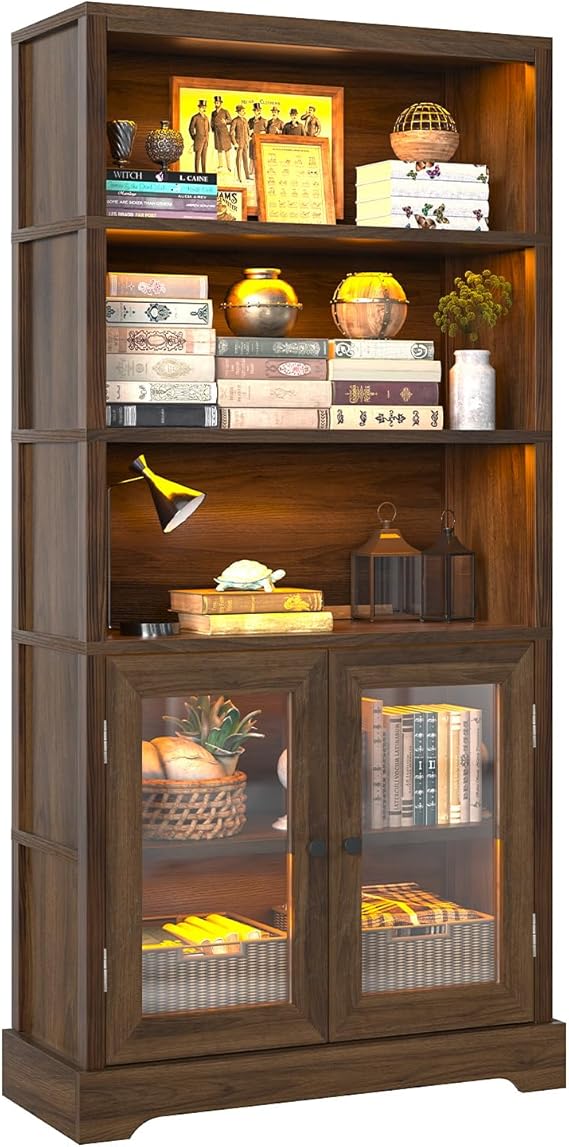 5-Tier Bookshelf with Multi-Color Ambient Lights and Cabinet Doors