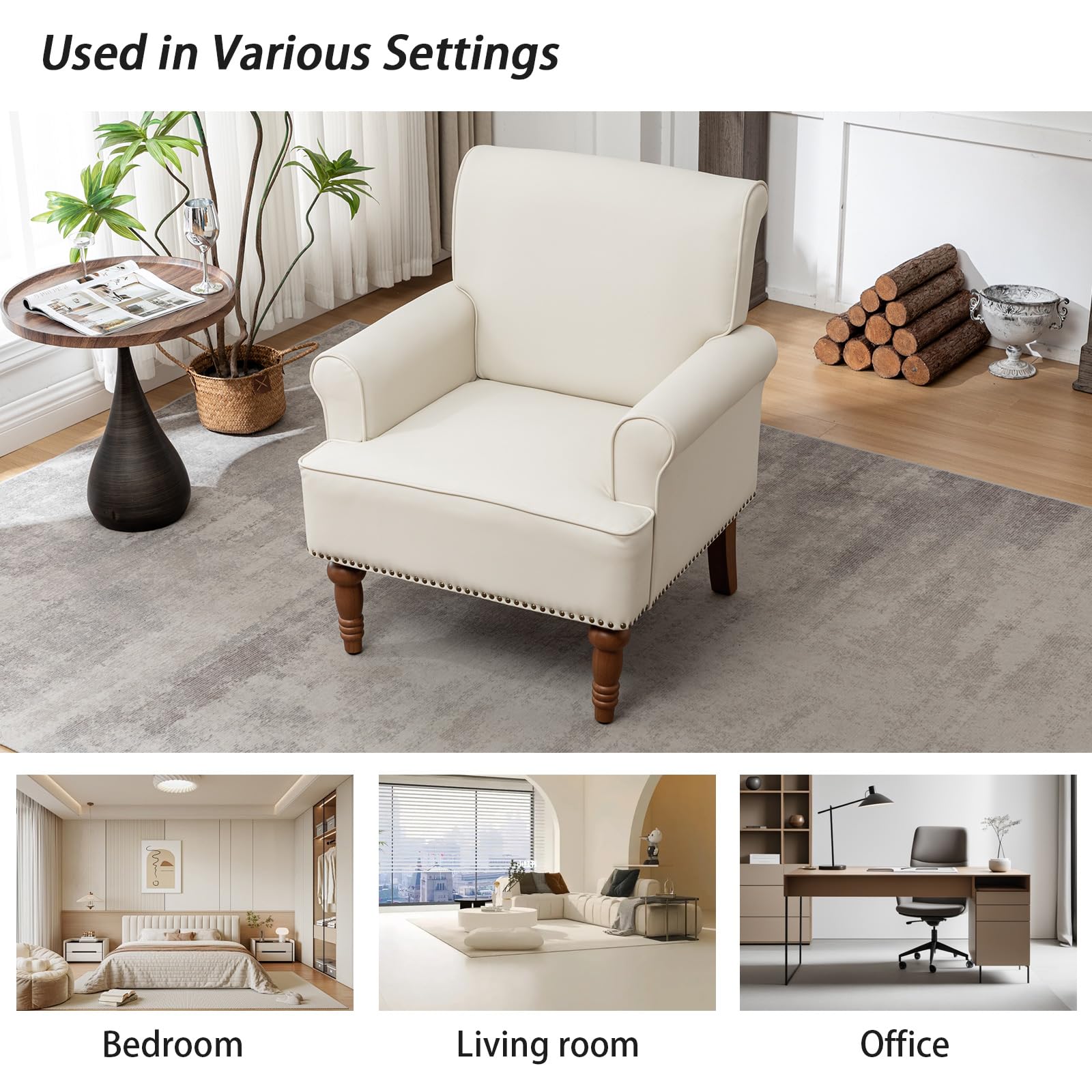 HOMEFLEX Accent Chair, Faux Leather Living Room Chairs with Nailhead Trim, Mid-Century Lounge Armchair with Solid Wood Legs, Comfy Reading Single Sofa for Bedroom, Waiting Room (White, 2 Chairs)