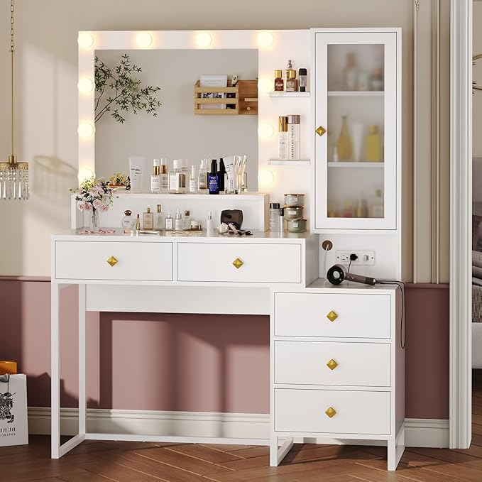 Large Makeup Vanity with Lights and Charging Station