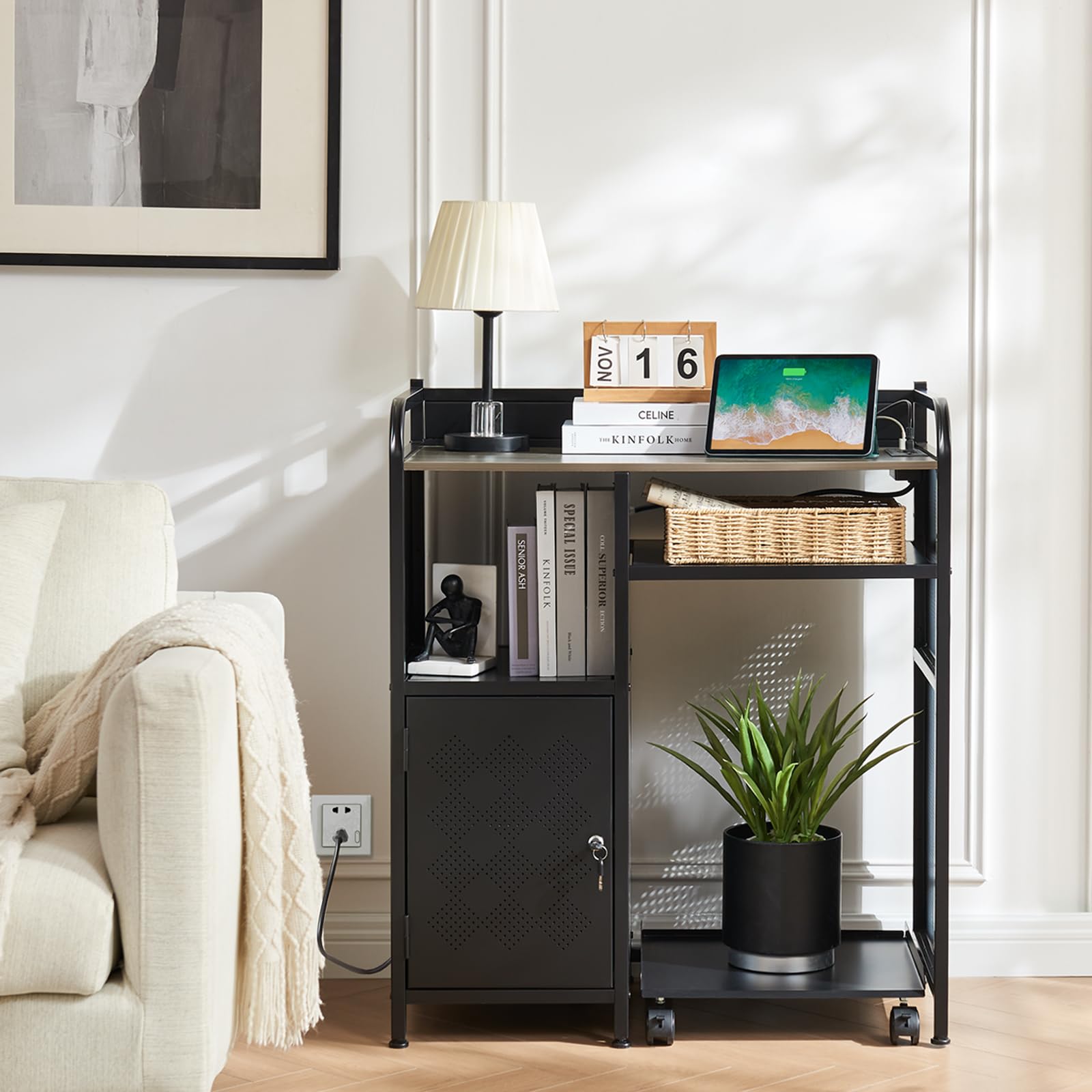 Large Printer Stand with Storage and Charging Port