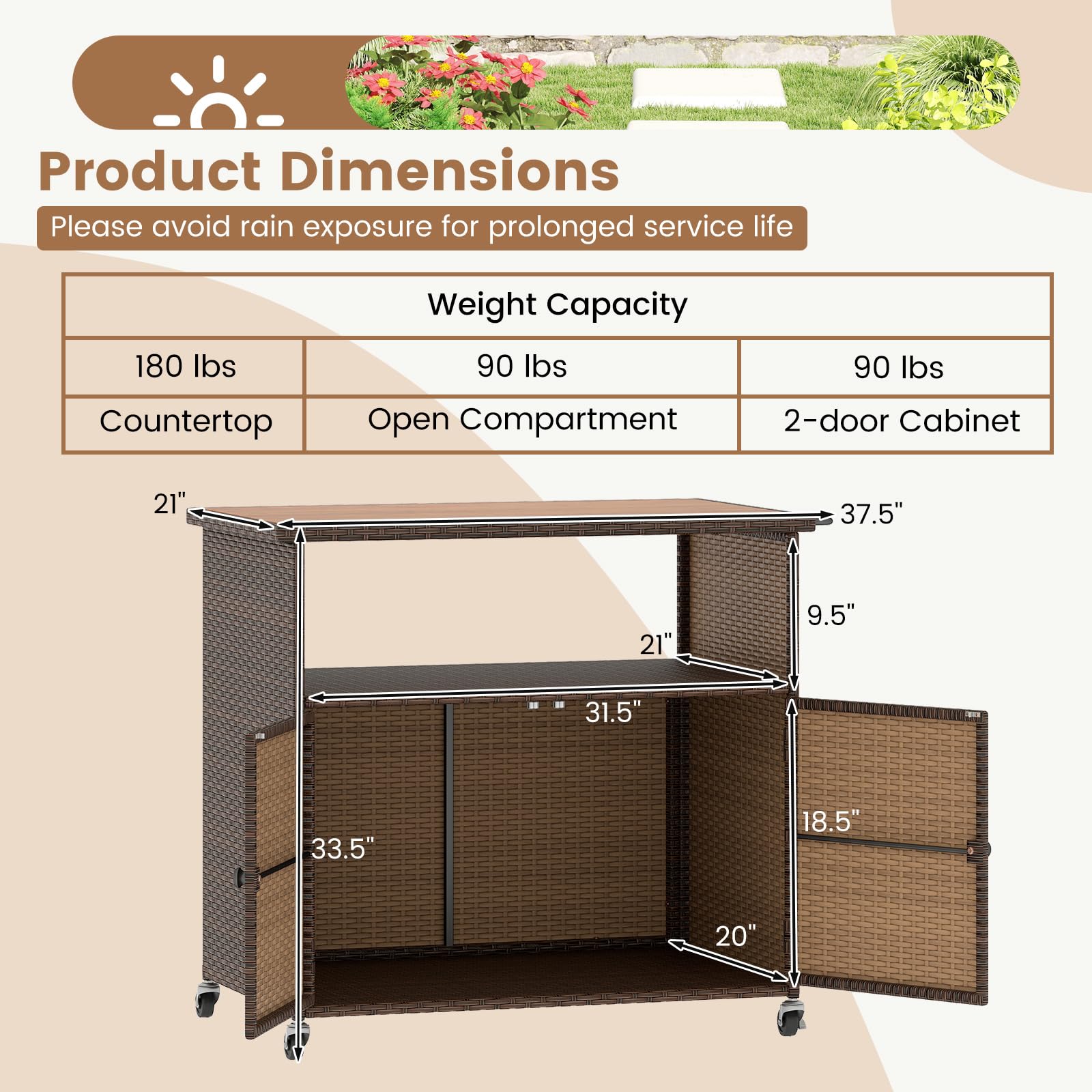 Rattan Outdoor Storage Cabinet with Acacia Wood Countertop