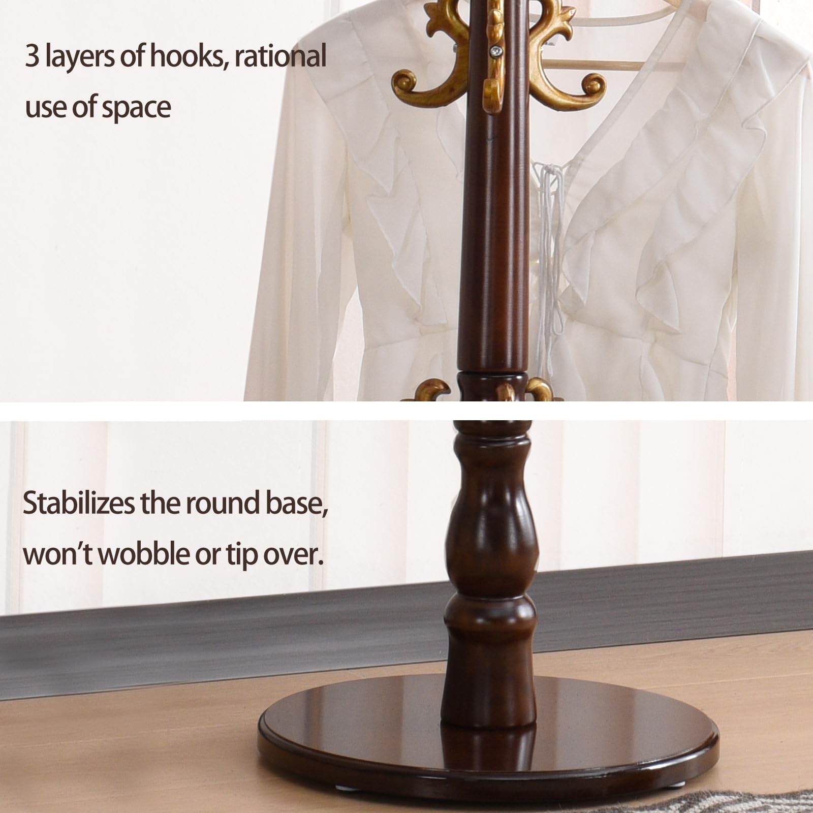Wooden Coat Rack Stand with 14 Hooks