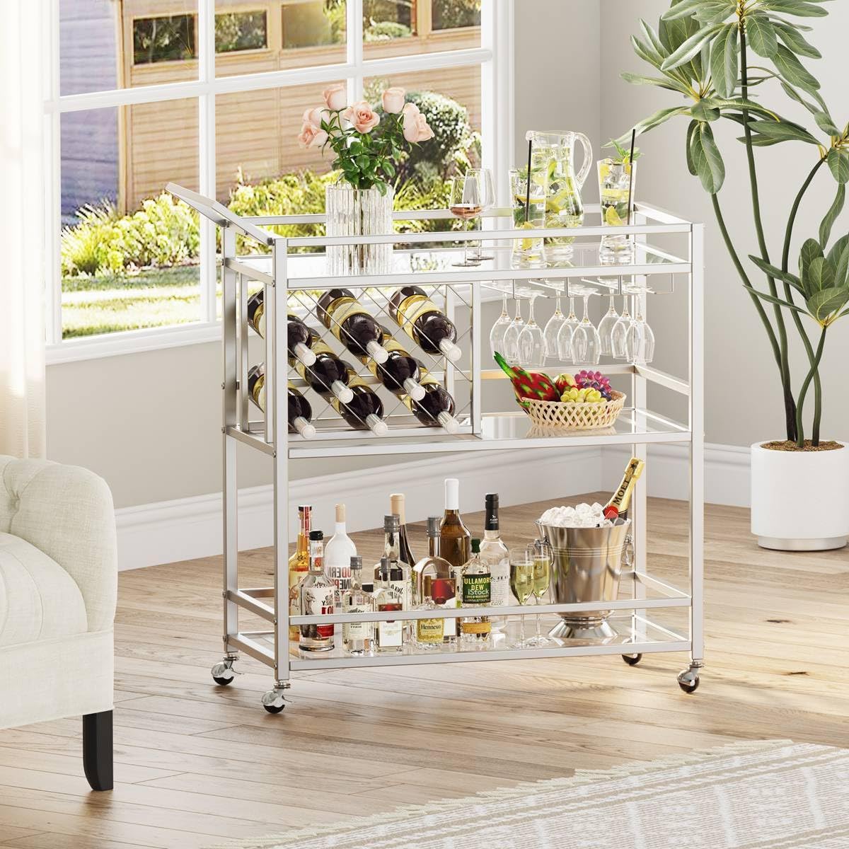 3-Tier Mirrored Bar Cart with Wheels
