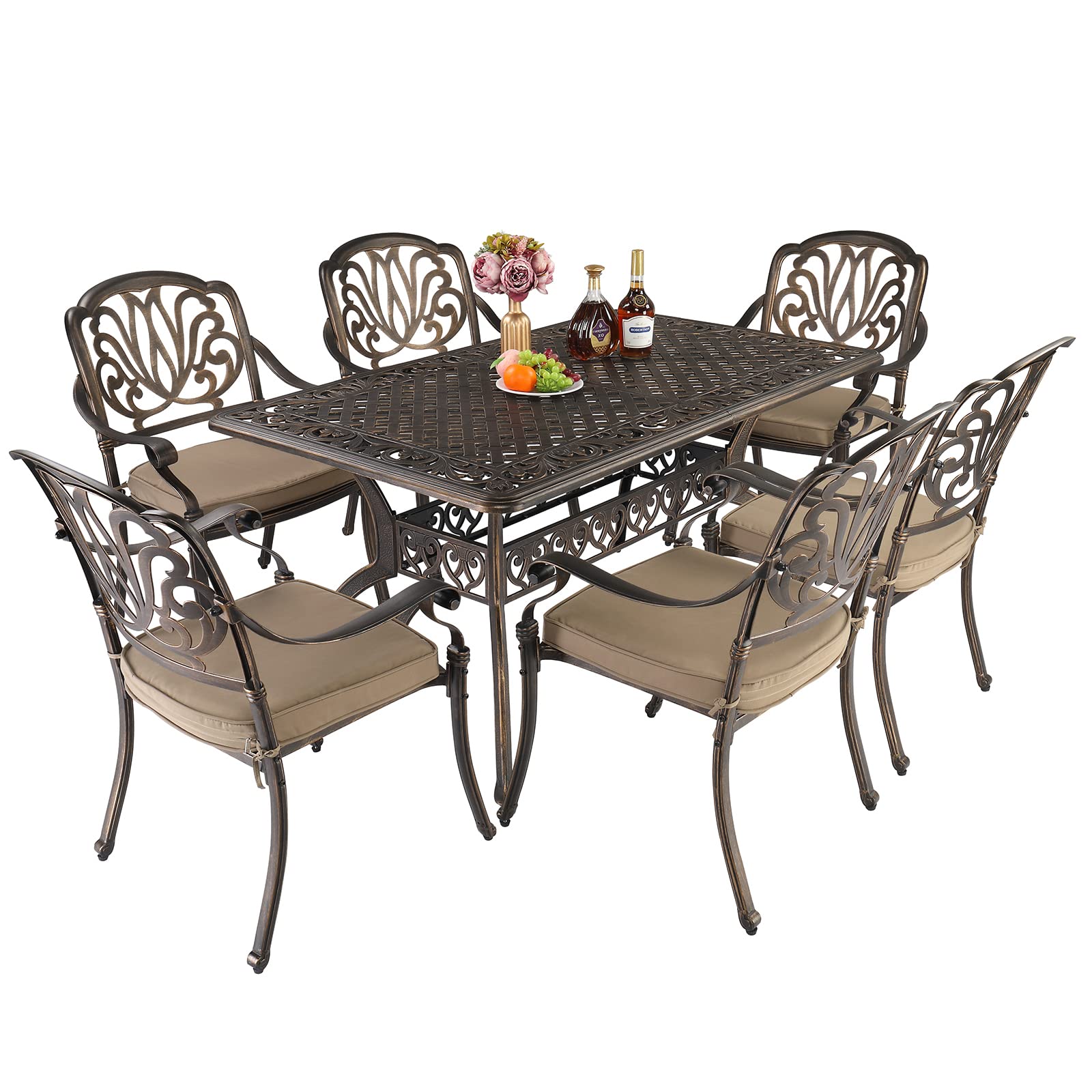 VINGLI 7 Pieces Outdoor Dining Set, Cast Aluminium All-Weather Patio Dining Set for 6 with Umbrella Hole, Outdoor Dining Table and Chairs with Cushion for Yard, Garden, Porch and Poolside, Bronze