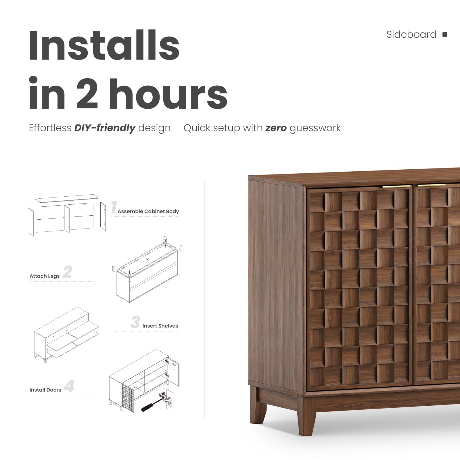 Fluted Sideboard Cabinet with Storage and Adjustable Shelves