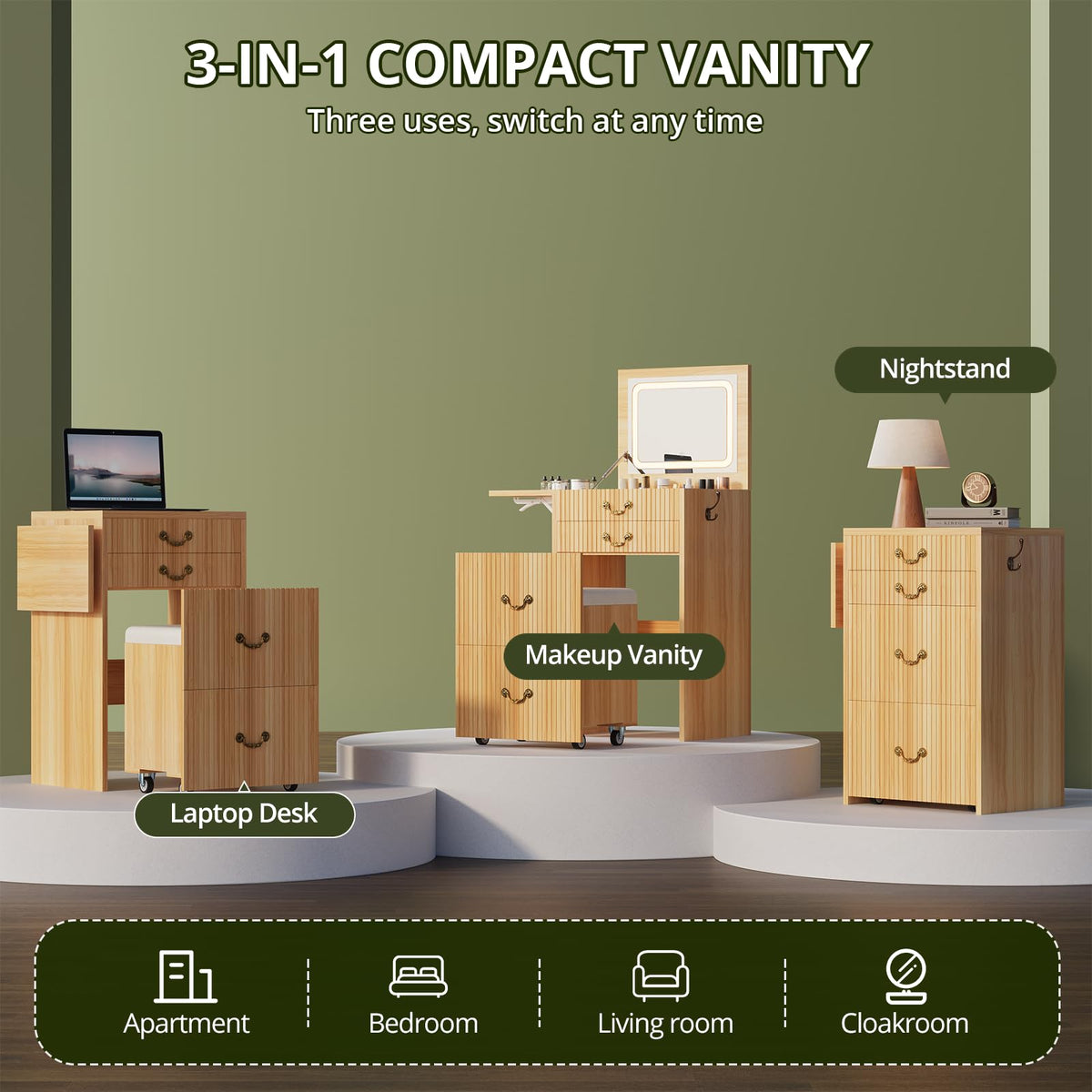 3-in-1 Vanity Table with Flip Mirror and Lights