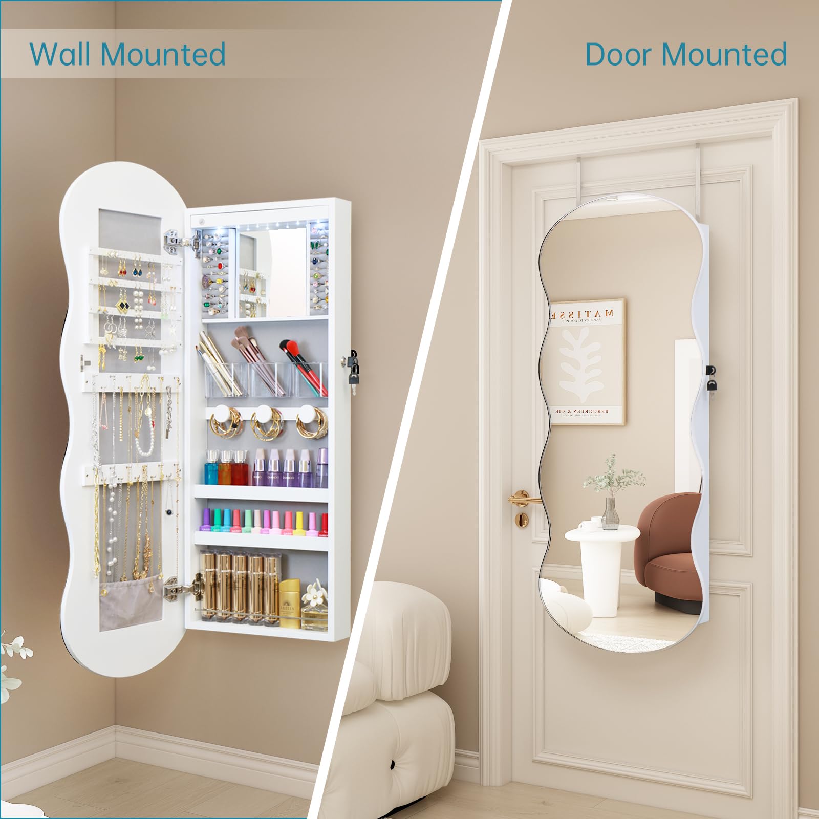 LED Jewelry Armoire Cabinet with Full-Length Wavy Mirror