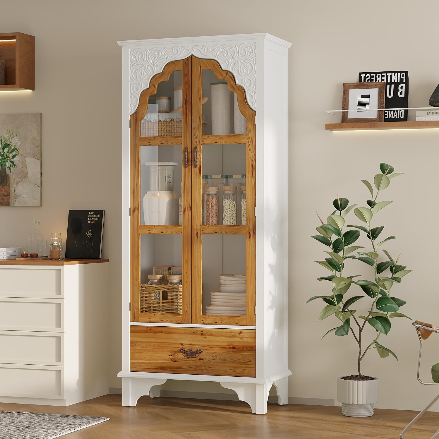 70.9" Kitchen Pantry Cabinet with Glass Doors and Drawer