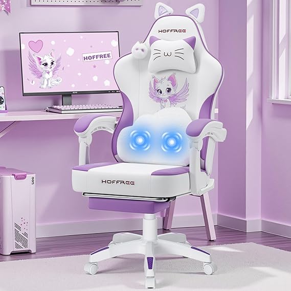 Pink Gaming Chair with Cat Ears and Massage Lumbar