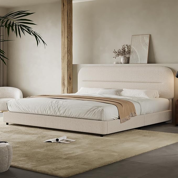 Twin Size Boucle Upholstered Bed Frame with Adjustable Headboard