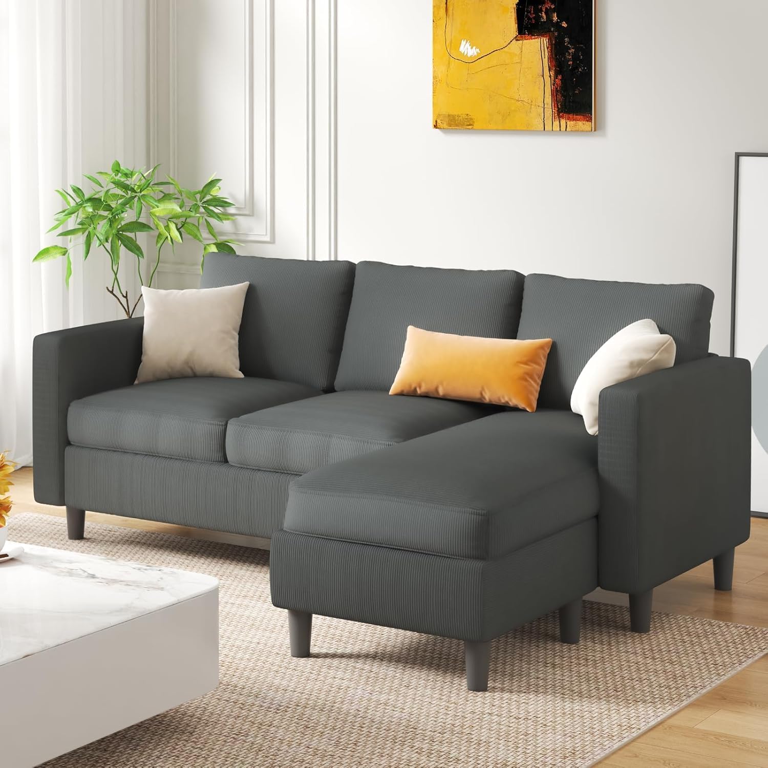3-Seat Convertible L-Shaped Sectional Sofa with Reversible Ottoman