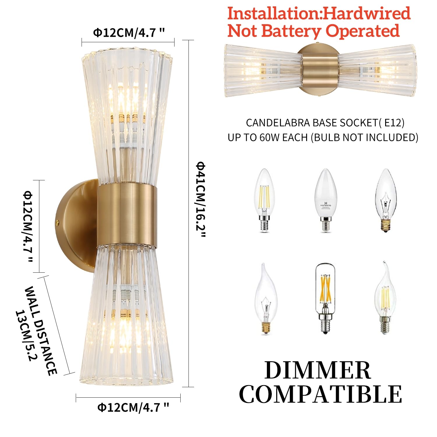 Mid-Century Modern Gold Wall Sconce with Glass Shade