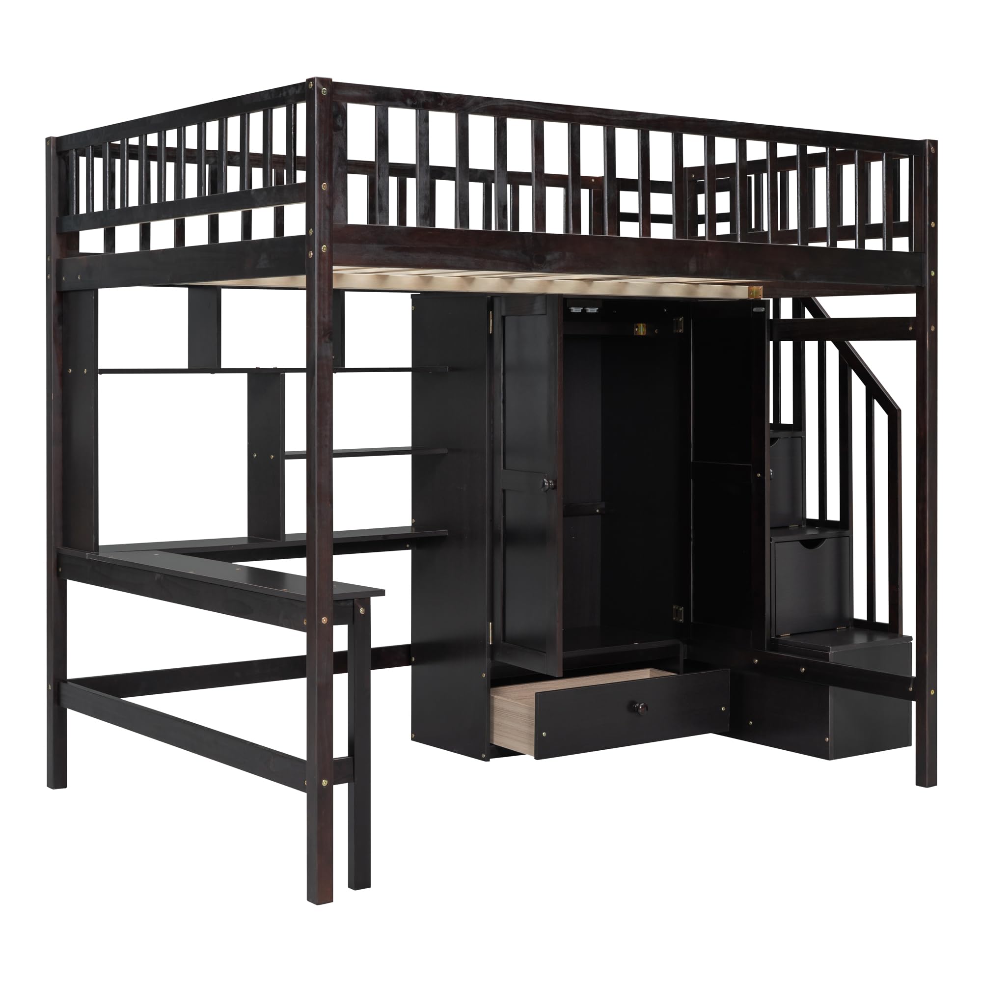 Full Size Loft Bed with Stairway, Wardrobe, Desk and Drawers