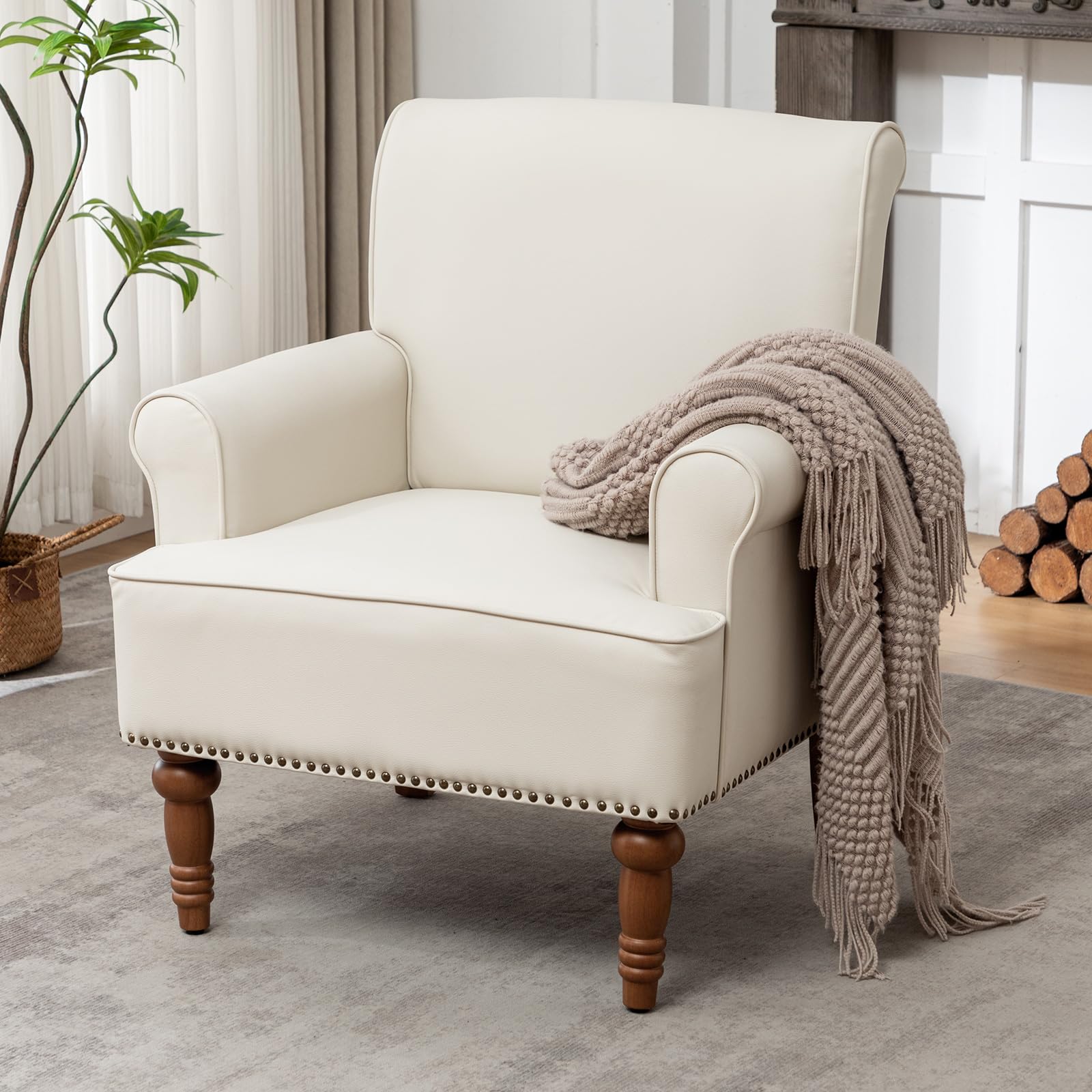 HOMEFLEX Accent Chair, Faux Leather Living Room Chairs with Nailhead Trim, Mid-Century Lounge Armchair with Solid Wood Legs, Comfy Reading Single Sofa for Bedroom, Waiting Room (White, 2 Chairs)